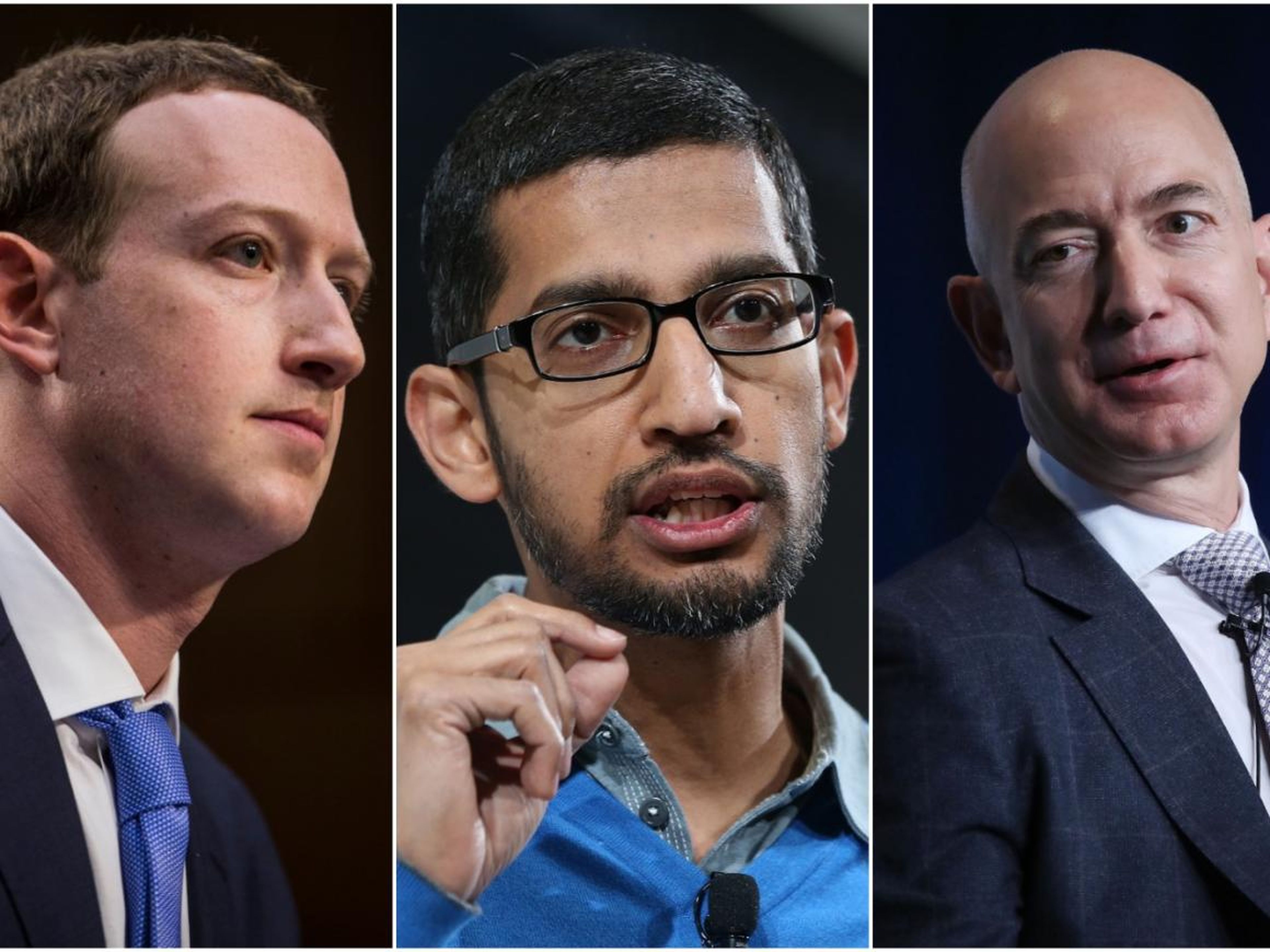 Mark Zuckerberg, Sundar Pichai y Jeff Bezos.