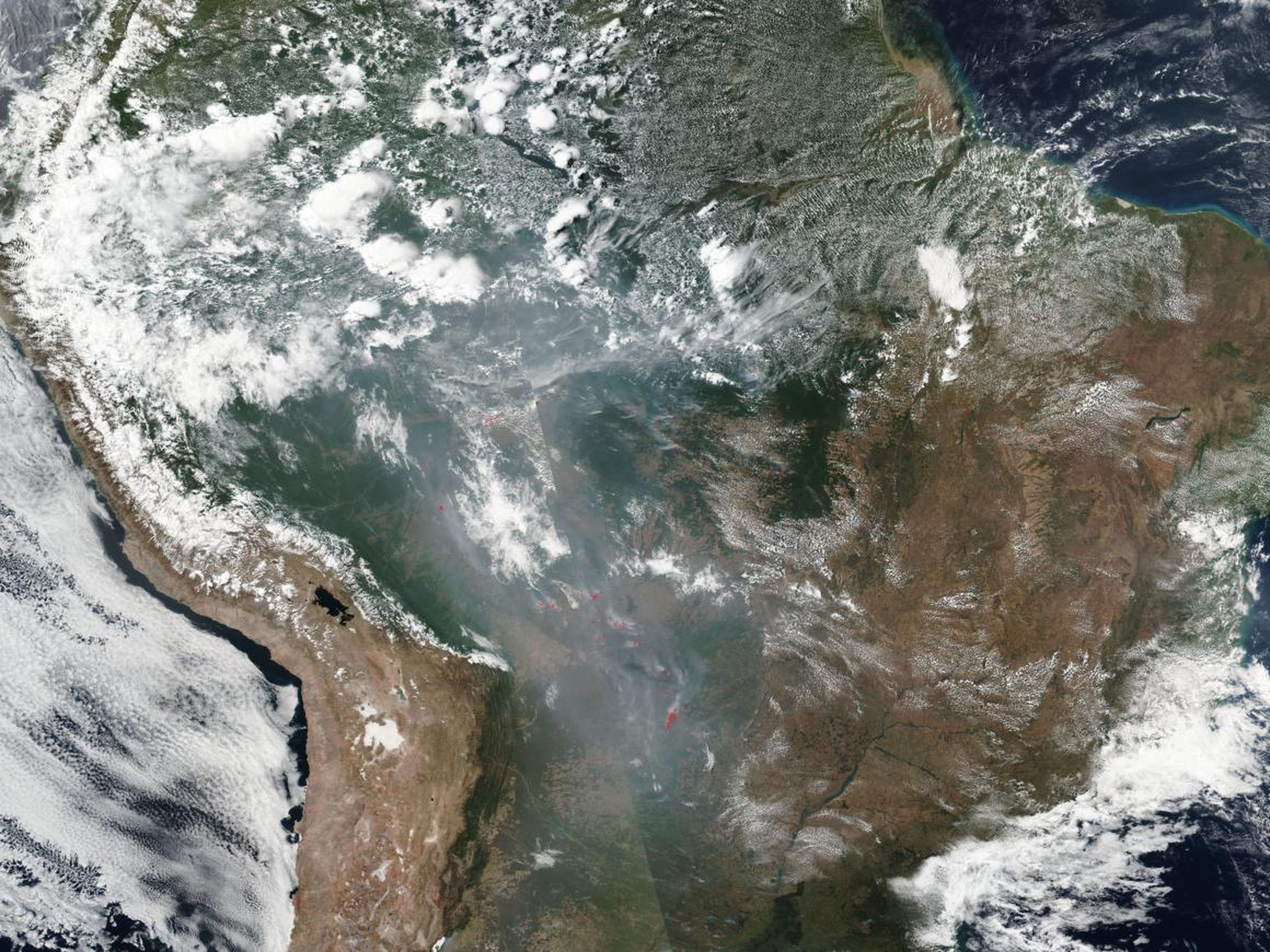 Una imagen de satélite de la NASA muestra el rango de incendios en Brasil y el Amazonas el 21 de agosto.