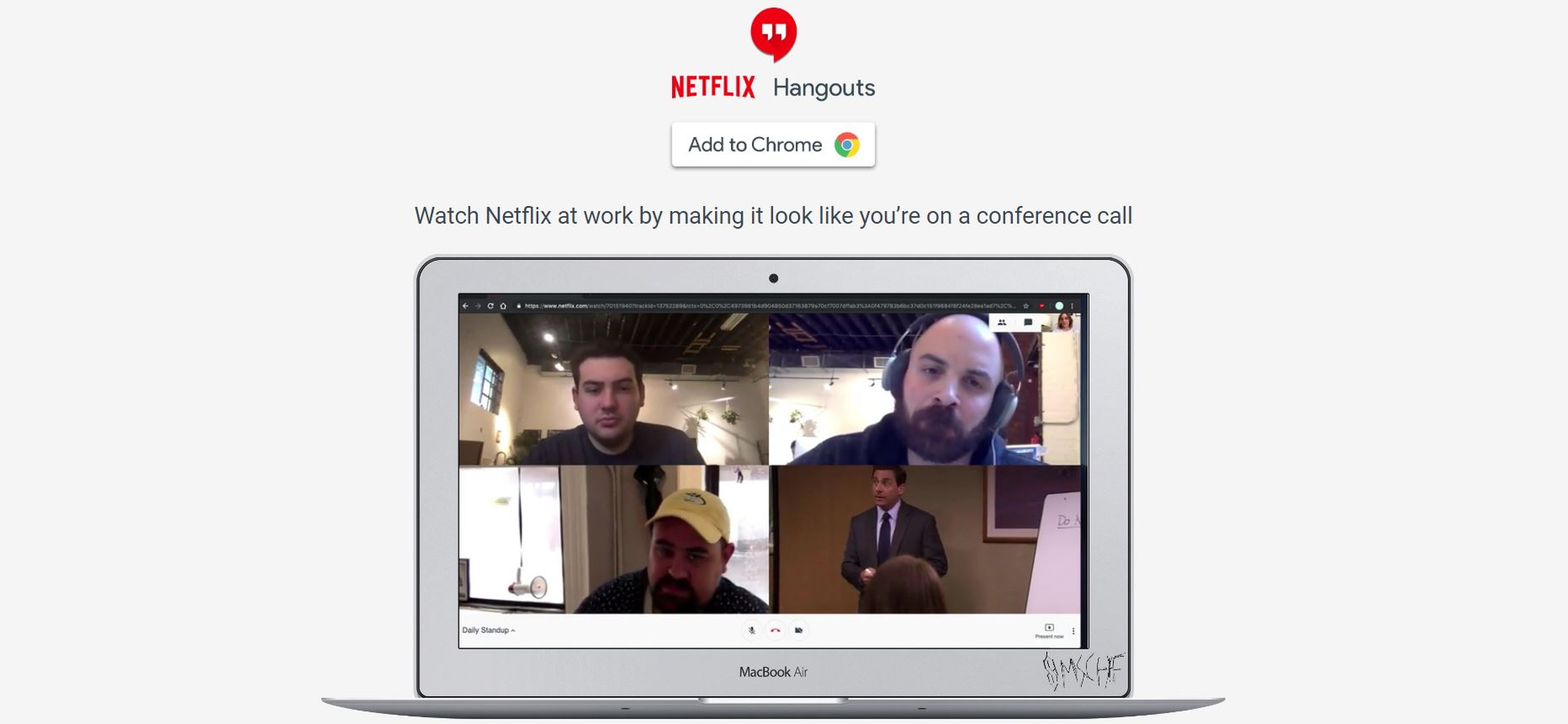 Un pantallazo del aspecto de la extensión Netflix Hangouts para Chrome, con un capítulo de The Office.