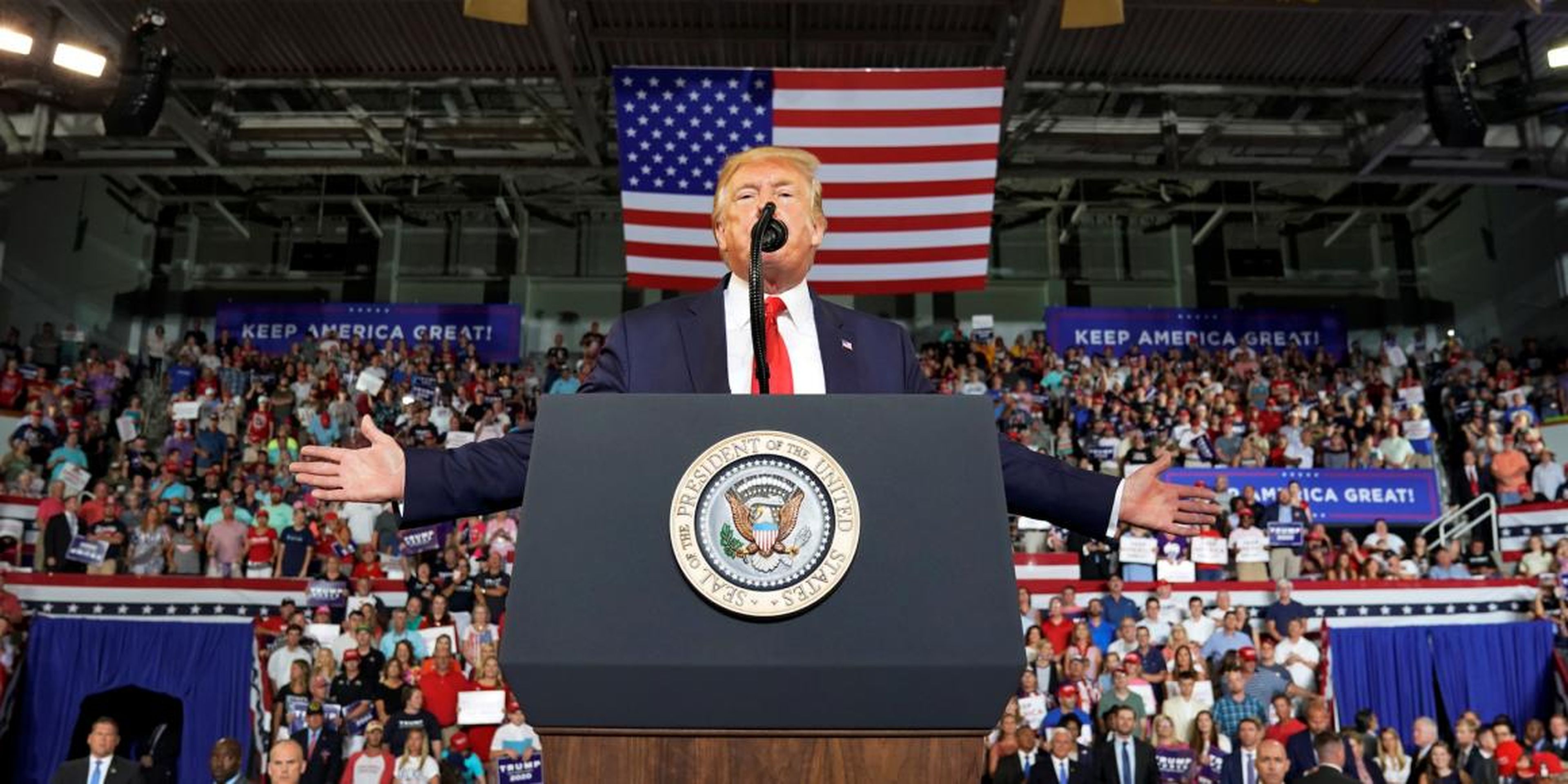 President Donald Trump speaks at a 2020 campaign rally in Greenville, North Carolina, on July 17, 2019.