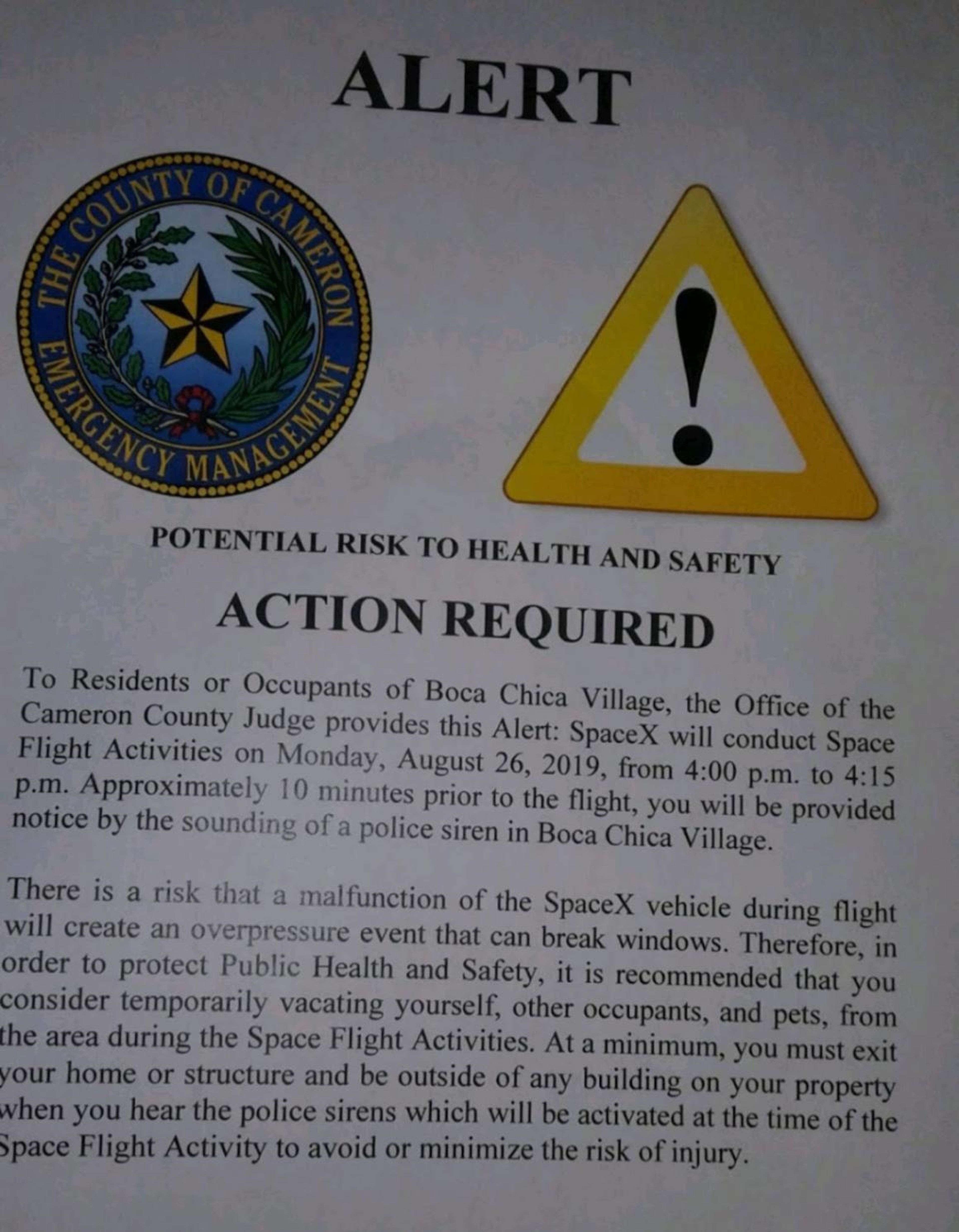 Una nota de seguridad pública enviada a los vecinos de Boca Chica, en Texas, el pasado 24 de agosto.