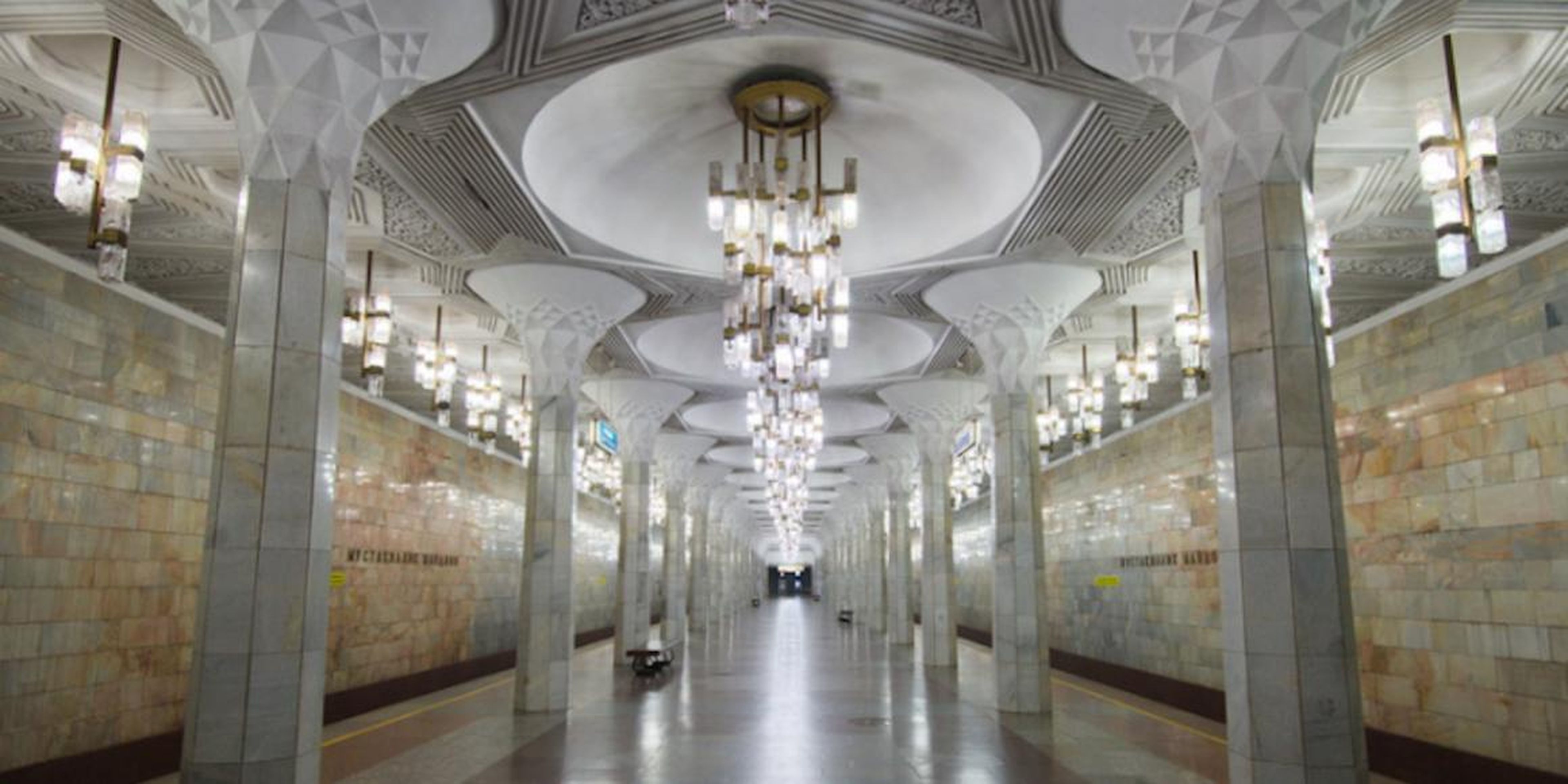 The shimmering interior of the Tashkent subway system.