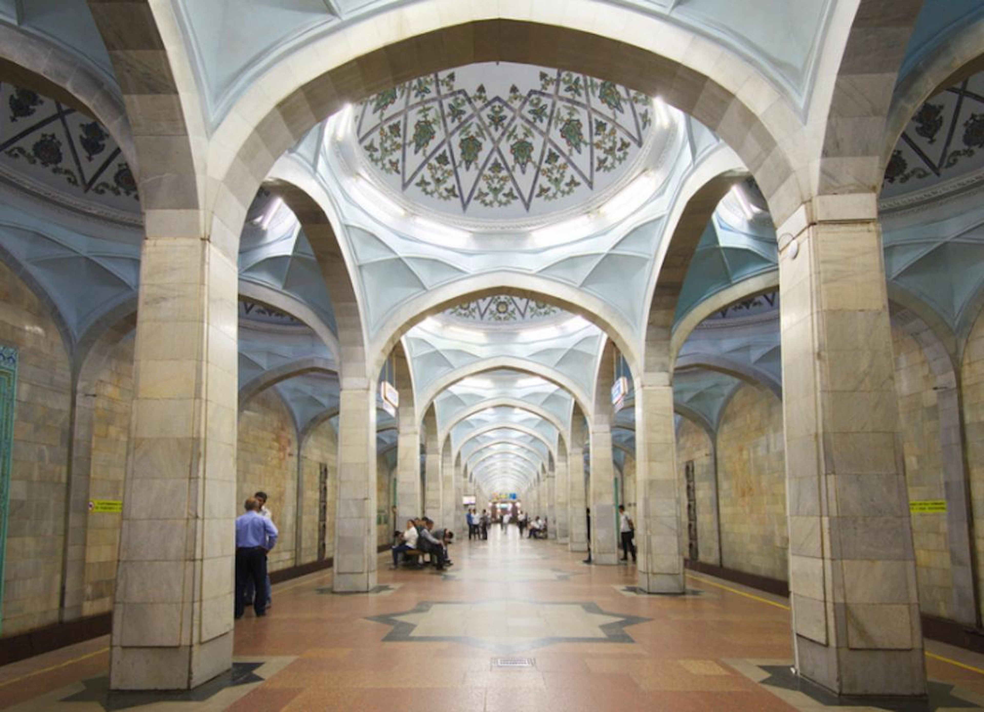 Some of the stations have geometric patterns, while others are in a more Soviet style. Many use marble, glass, granite, and ceramics to create their striking interiors.
