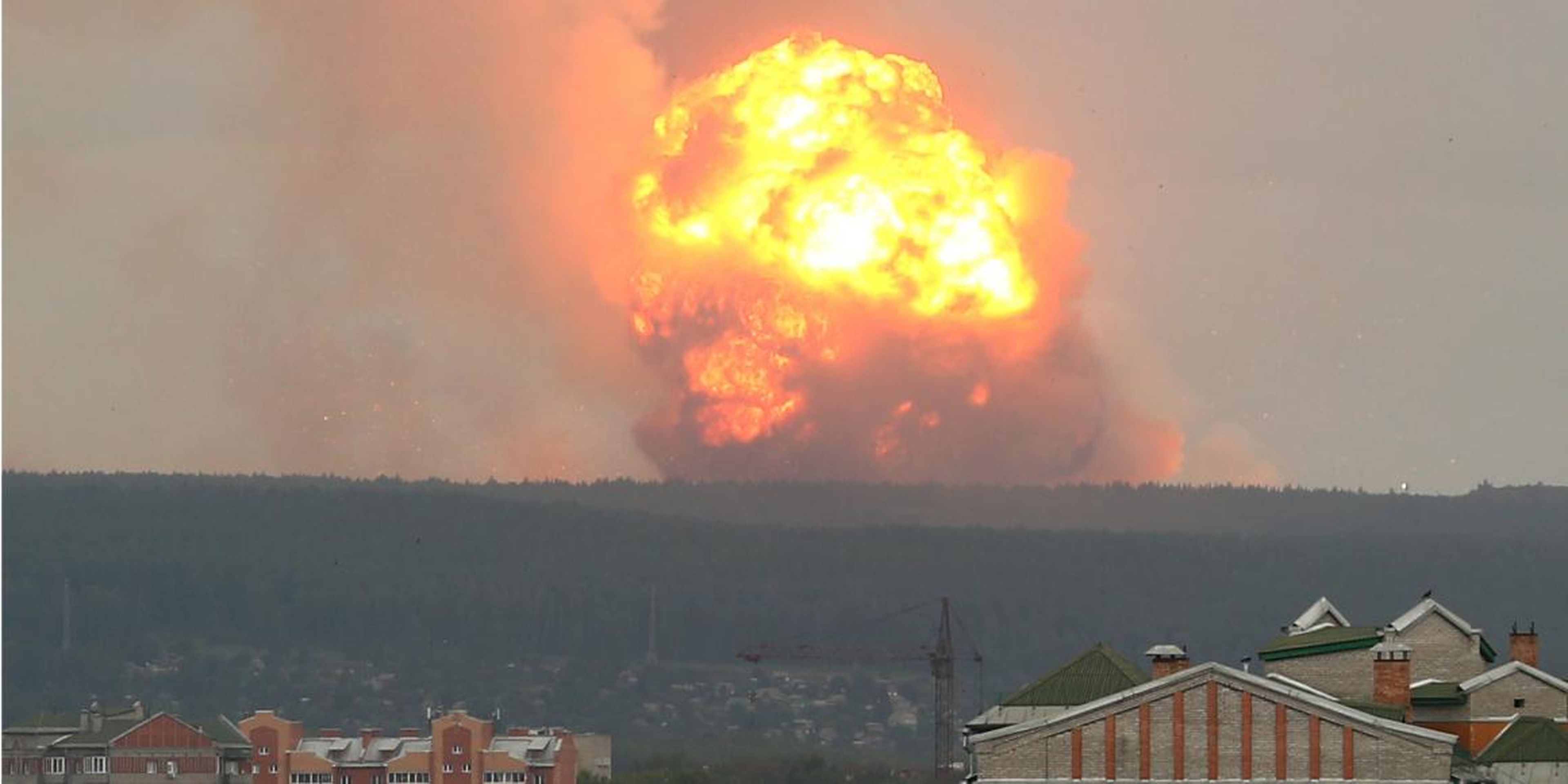 A still from a video showing an explosion at an ammunition depot in the region of Krasnoyarsk, Russia. In a separate incident, a missile exploded at the Nyonoksa test site on August 8.