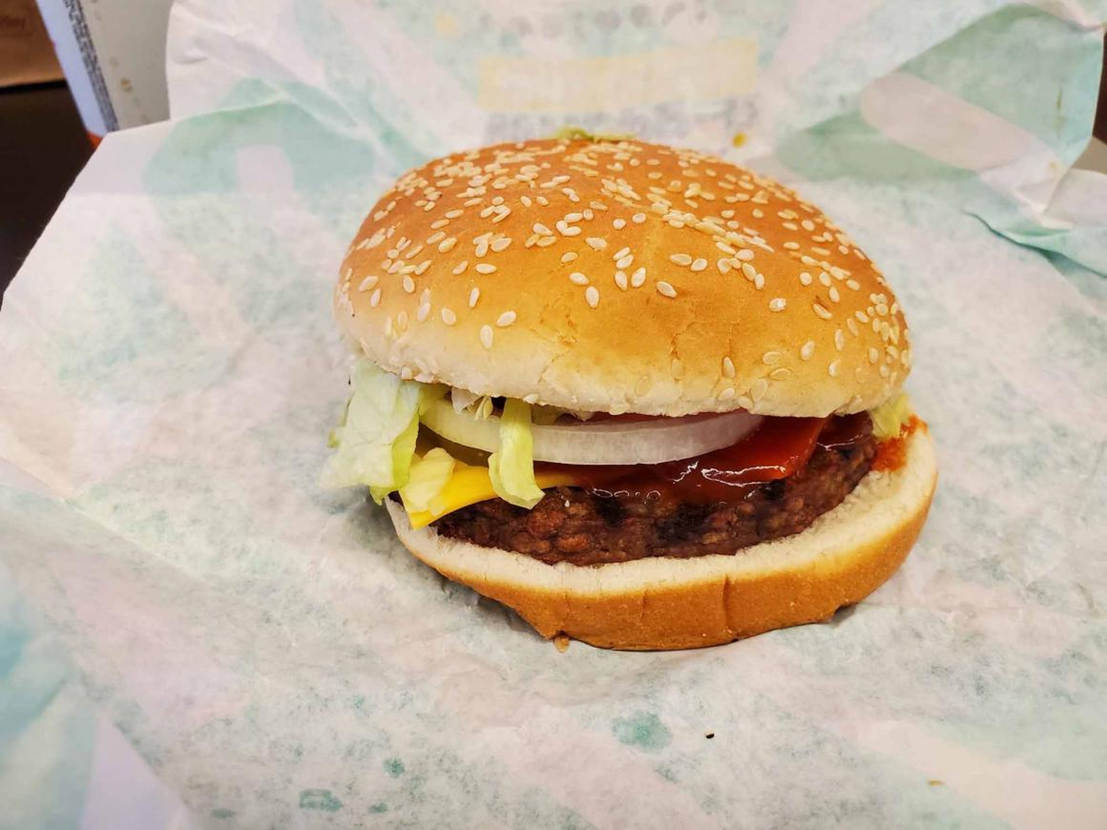 The Impossible patty in the Impossible Whopper looked just like other veggie patties I've tried: lighter in color than meat and dry in appearance.