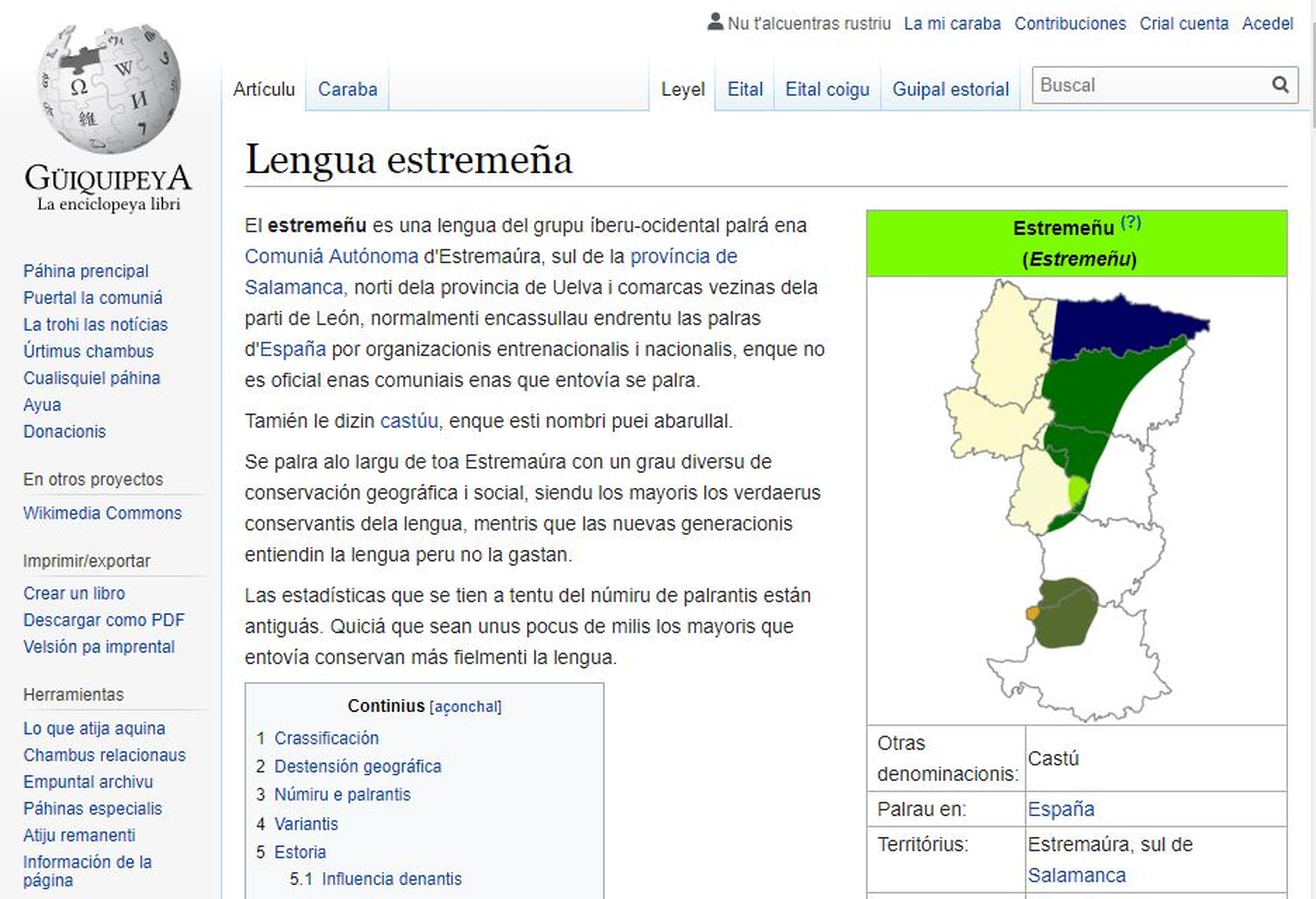 Página en extremeño en Wikipedia.