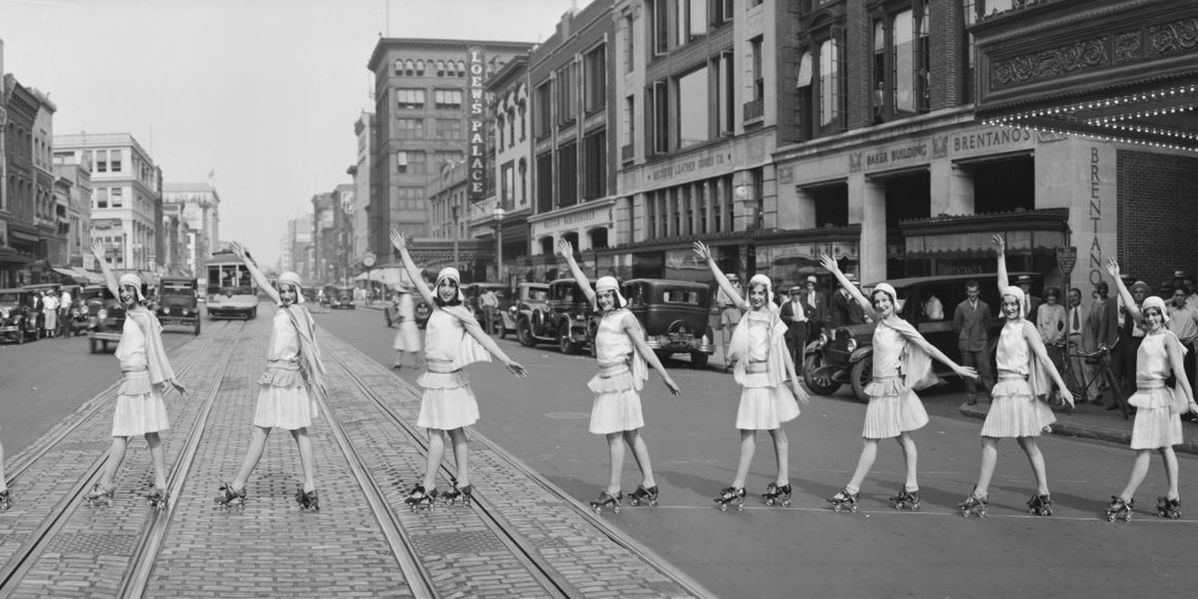 1920s: Roller skaters stop traffic as they take to the streets in Washington, D.C.