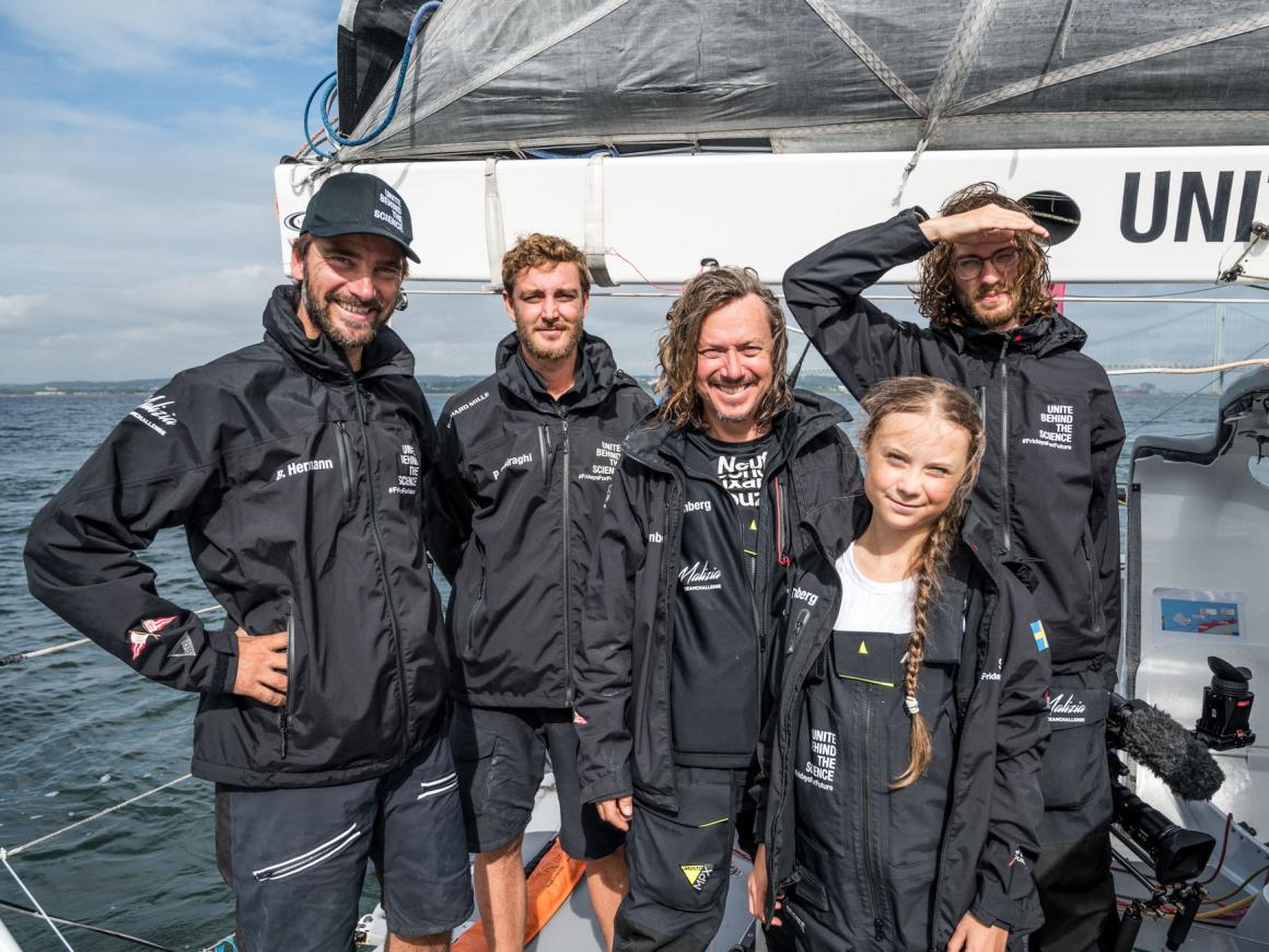 Greta Thunberg and her cross-Atlantic crew mates: Svante Thunberg, Boris Herrmann, Pierre Casiraghi, and Nathan Grossman.