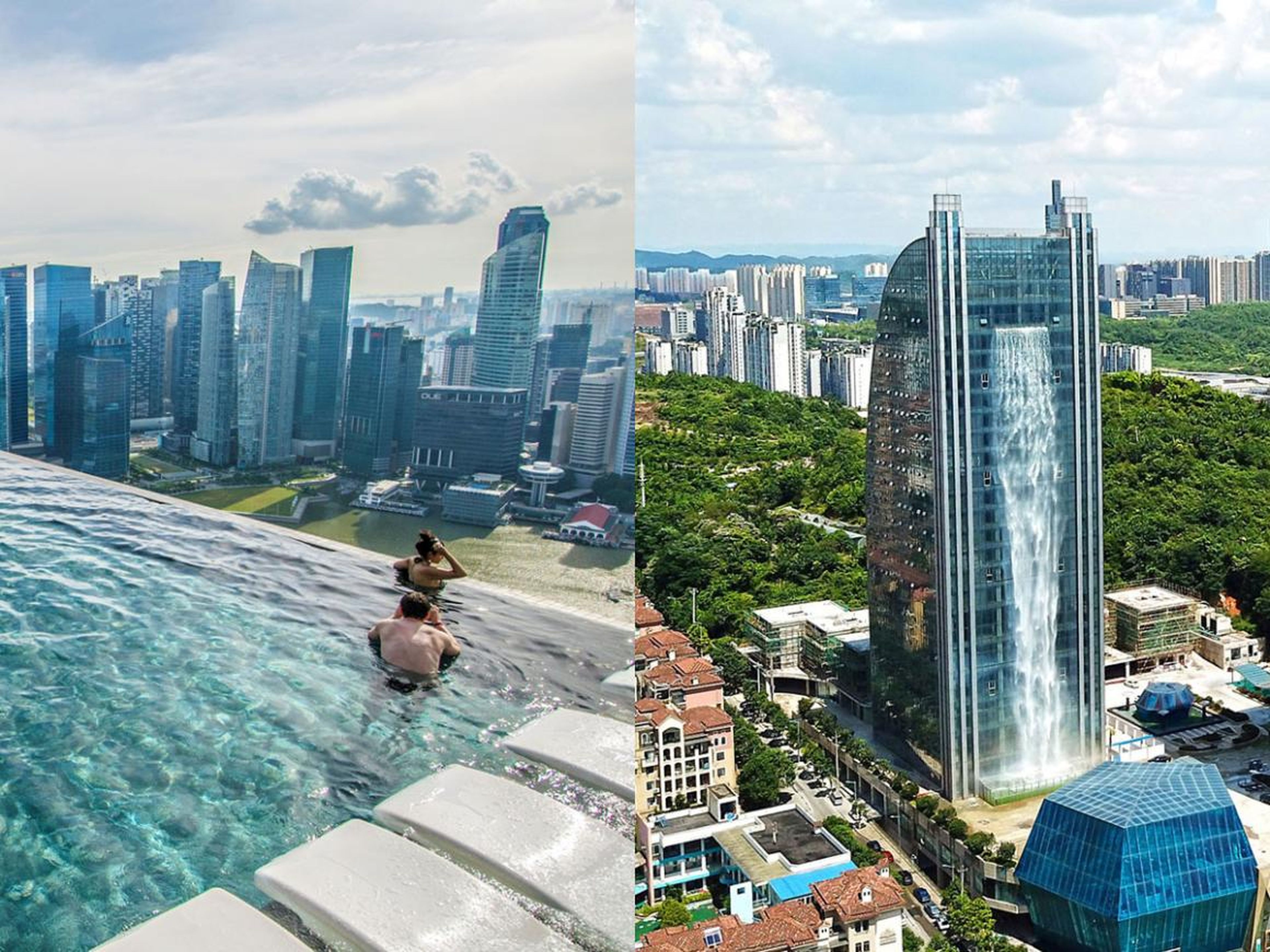Desde un edificio con una cascada de 350 pies hasta uno con la piscina infinita más grande del mundo, estos rascacielos no son para los débiles de corazón.