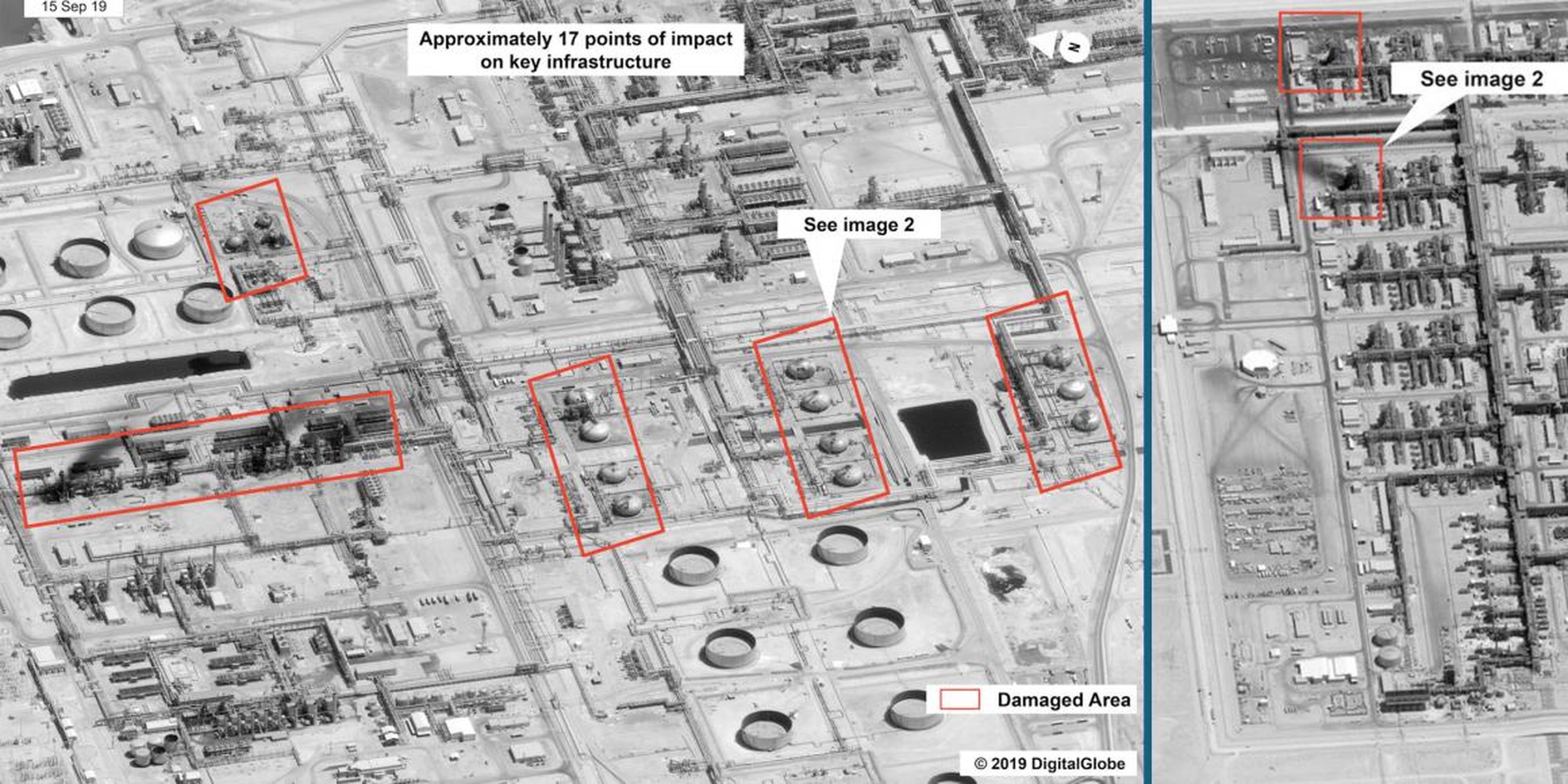 Una imagen compuesta de dos fotografías satelitales que muestran áreas de instalaciones petroleras sauditas en Abqaiq y Khurais.