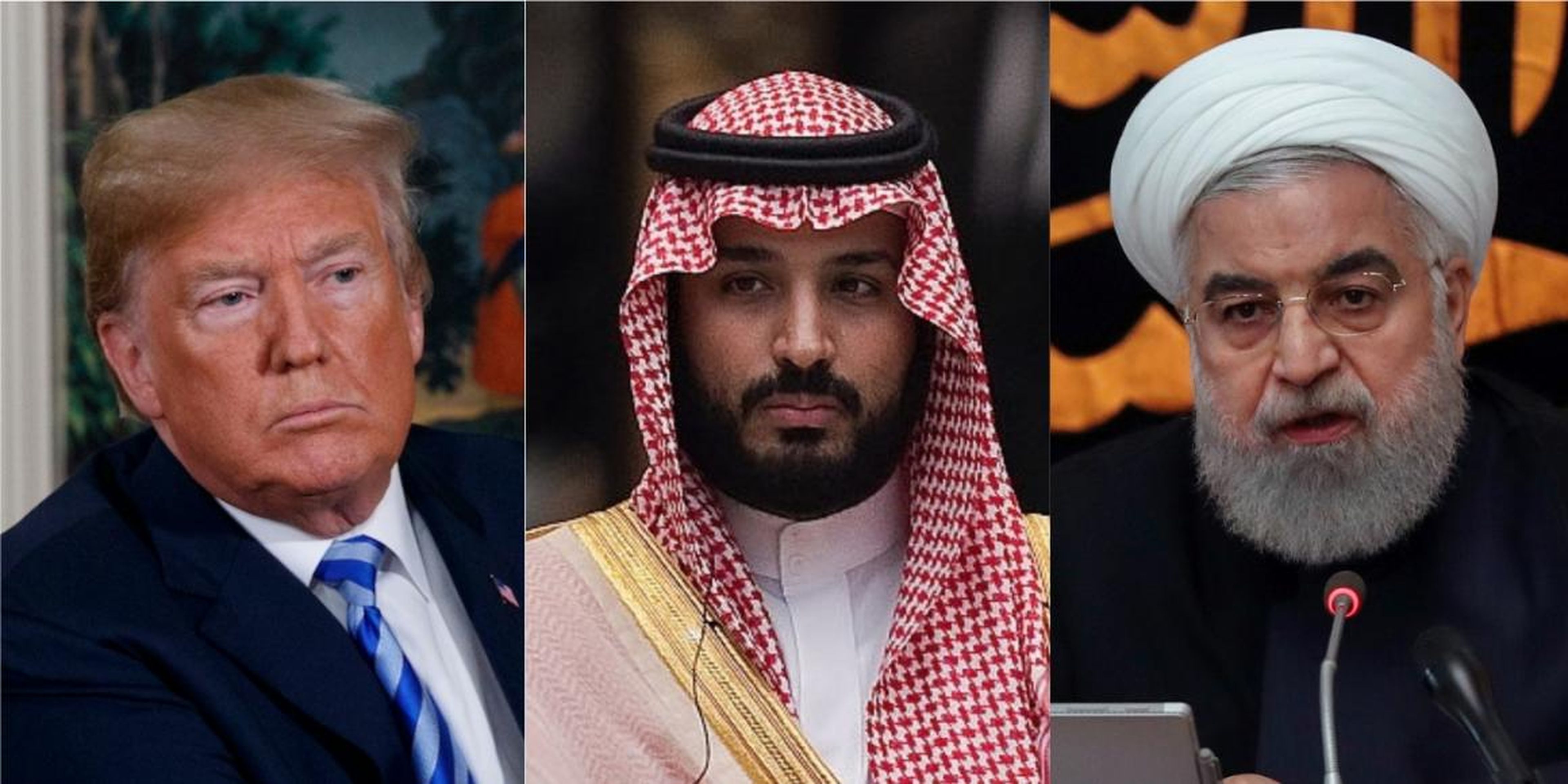 El presidente de EE.UU., Donald Trump, el príncipe saudí Mohammed bin Salman y el presidente de Irán, Hassan Rouhani