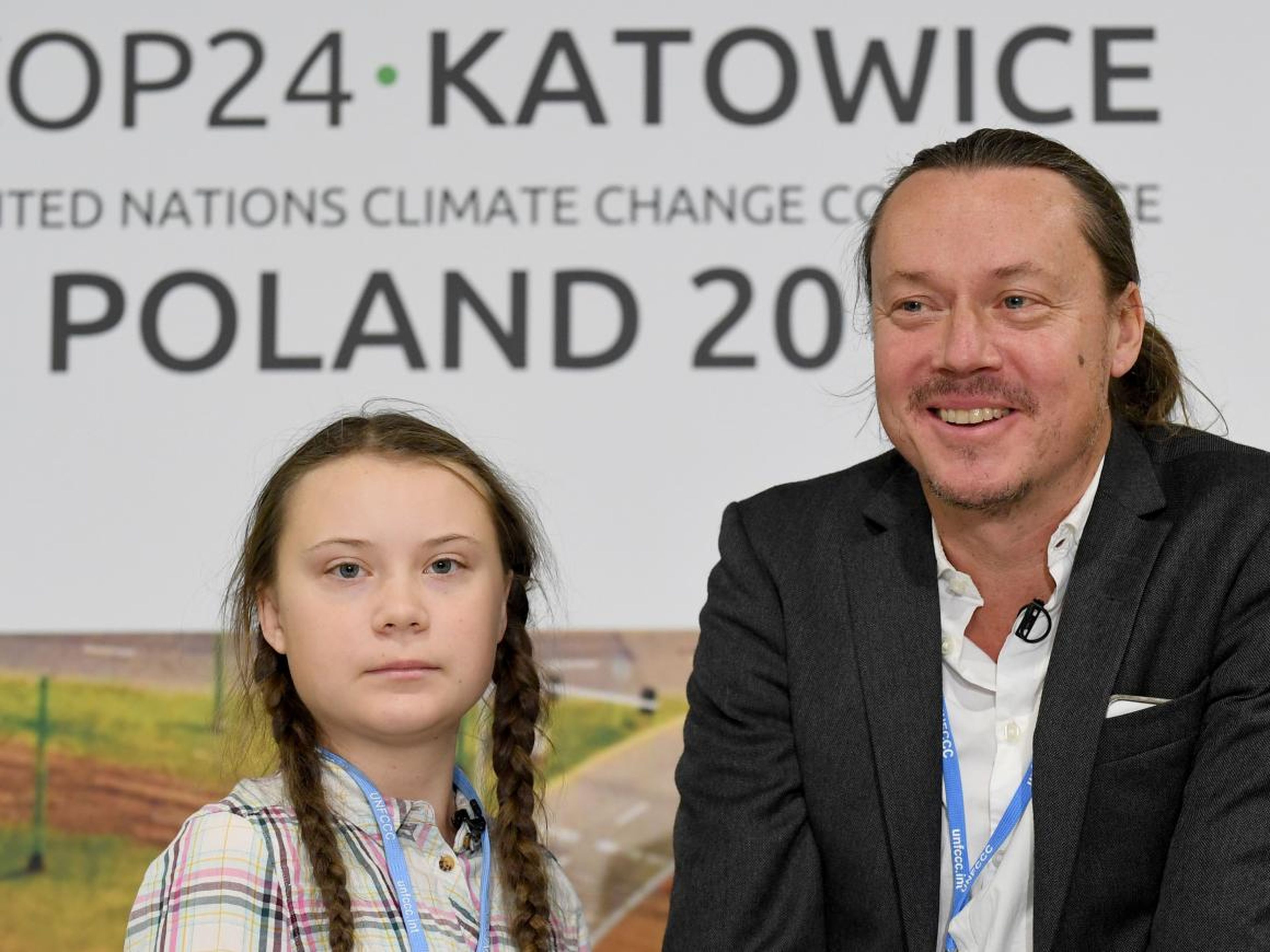 Greta Thunberg and her father, Svante, at a press conference during the COP24 summit in Katowice, Poland, in December 2018.
