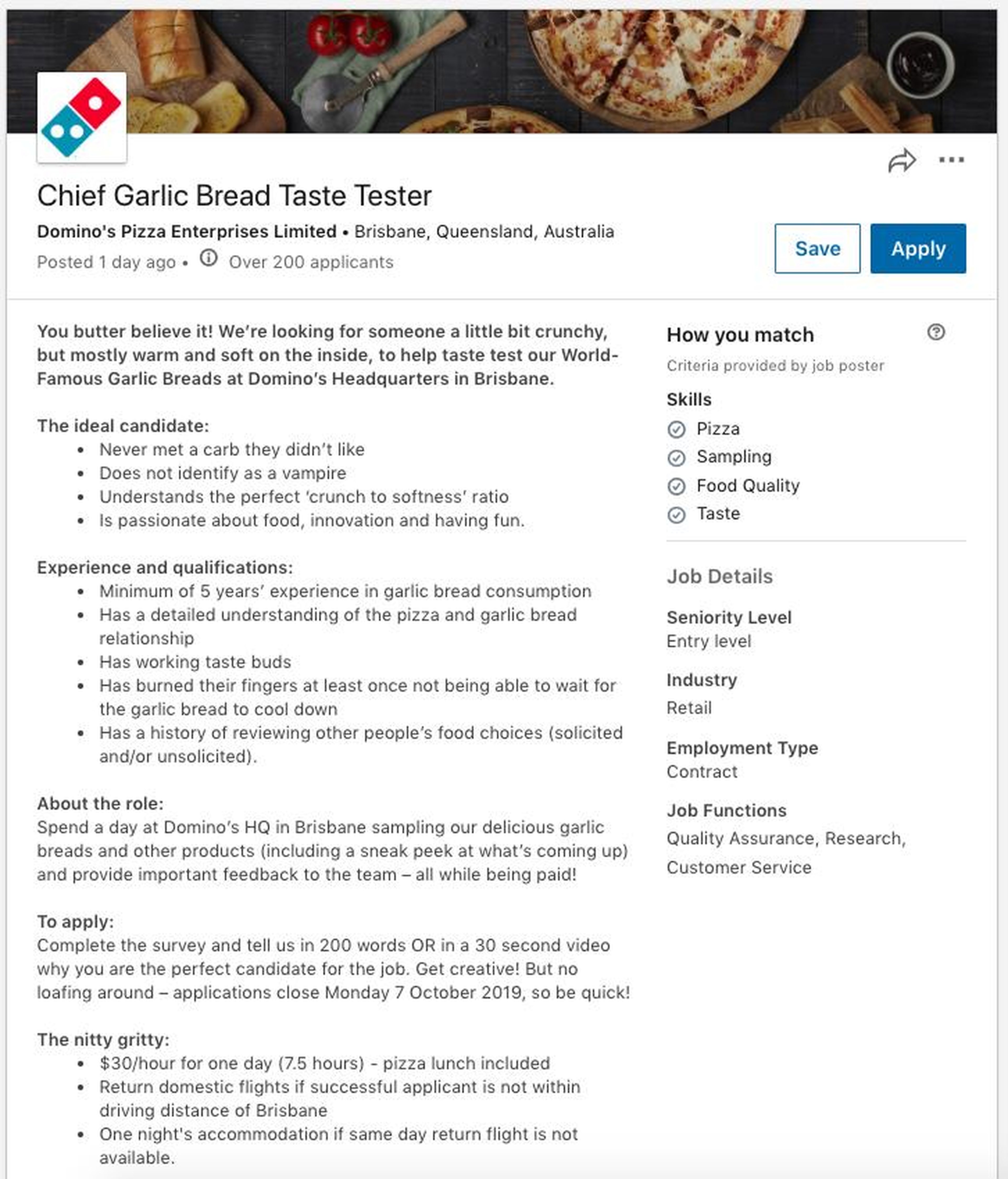 Domino's job posting on LinkedIn.