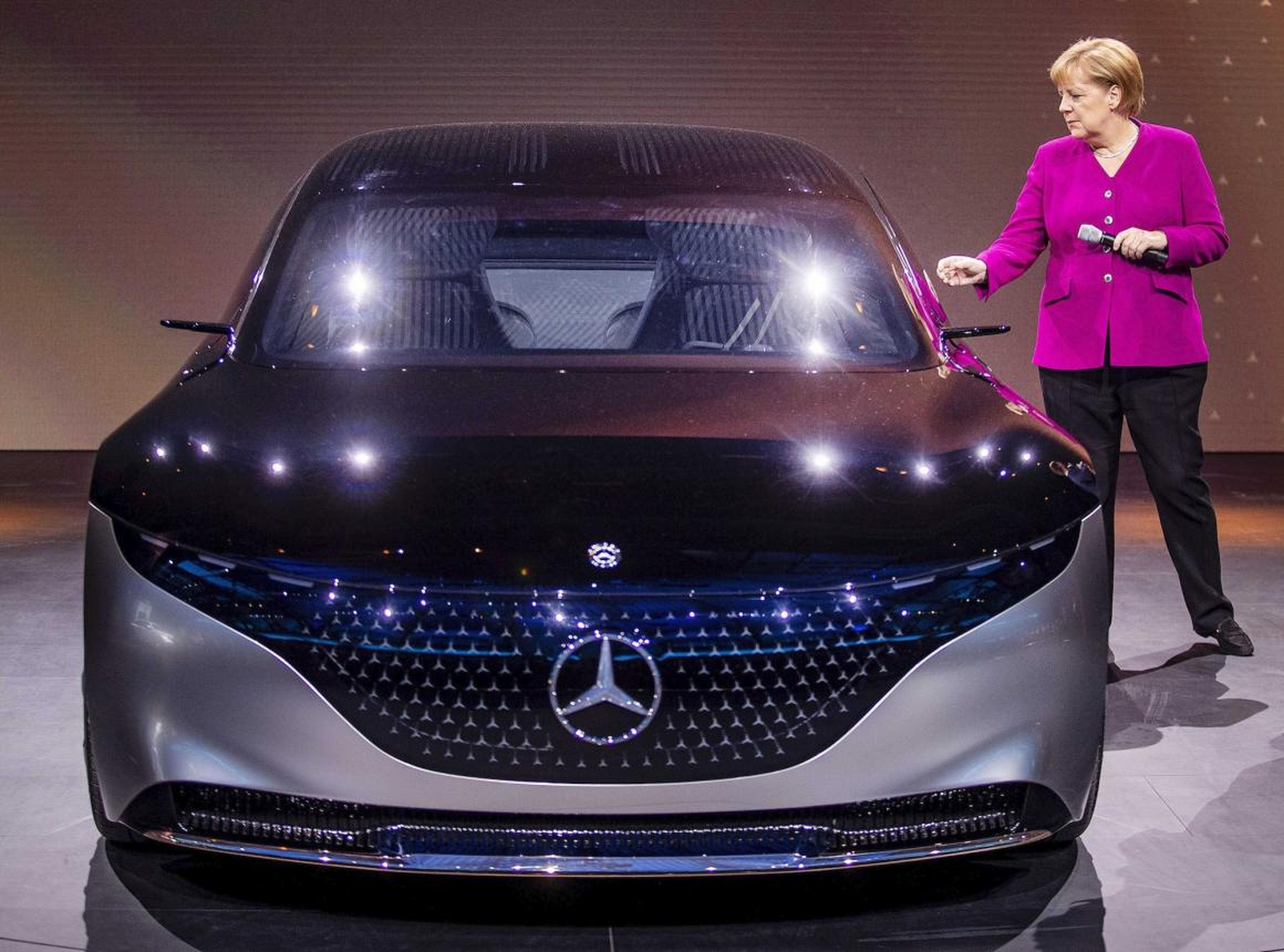 German Chancellor Angela Merkel checked out the Mercedes EQS, the all-electric concept version the brand's flagship S-Class.