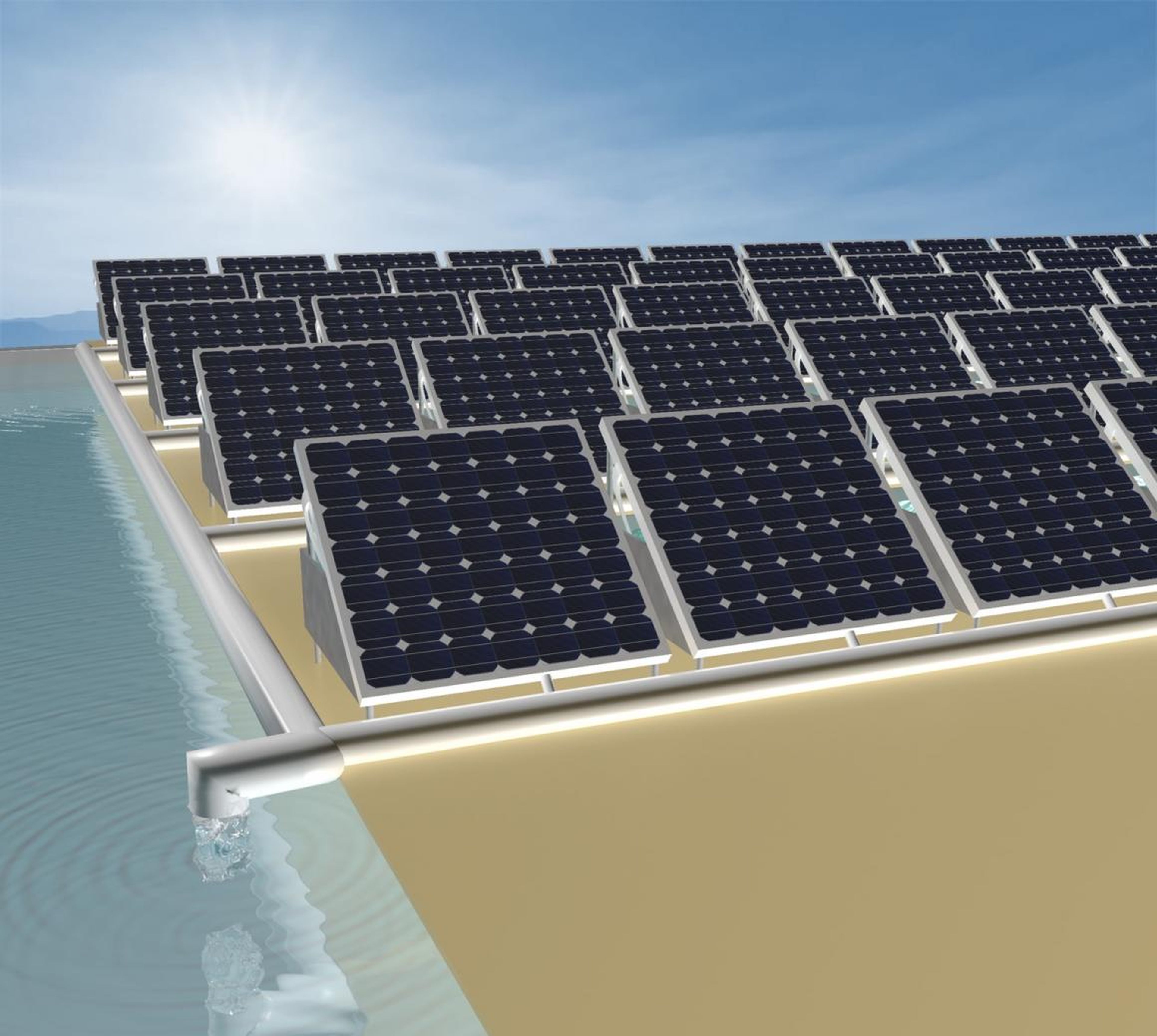 An illustration of solar panels that can produce both electricity and fresh water.