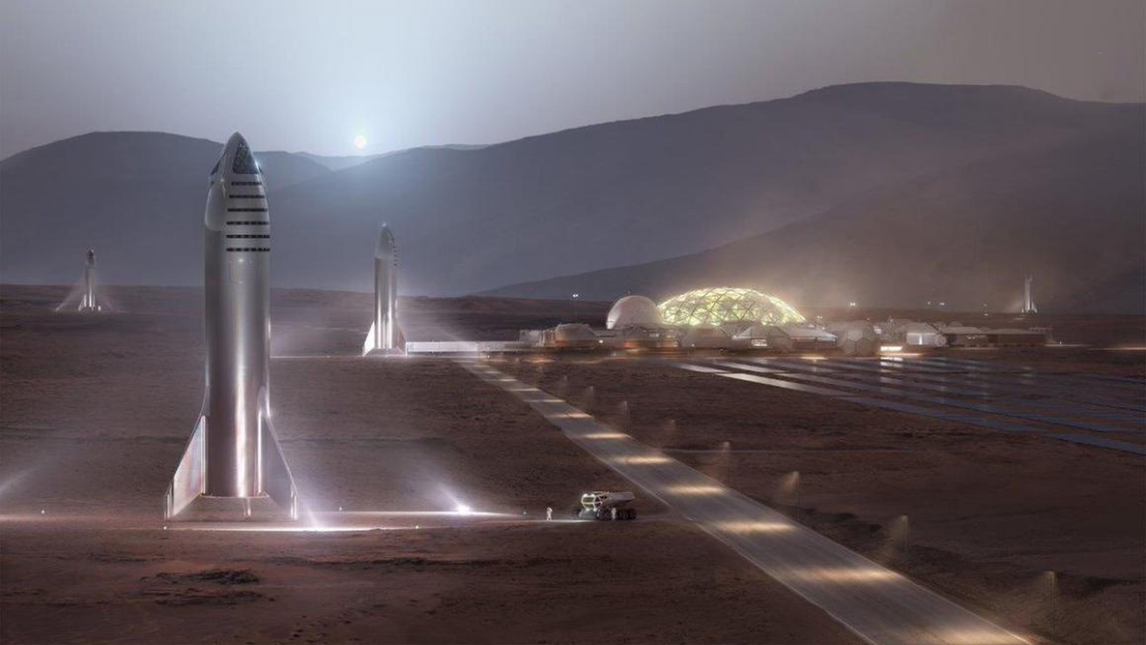 Ilustración del Starship de SpaceX en la superficie de Marte.