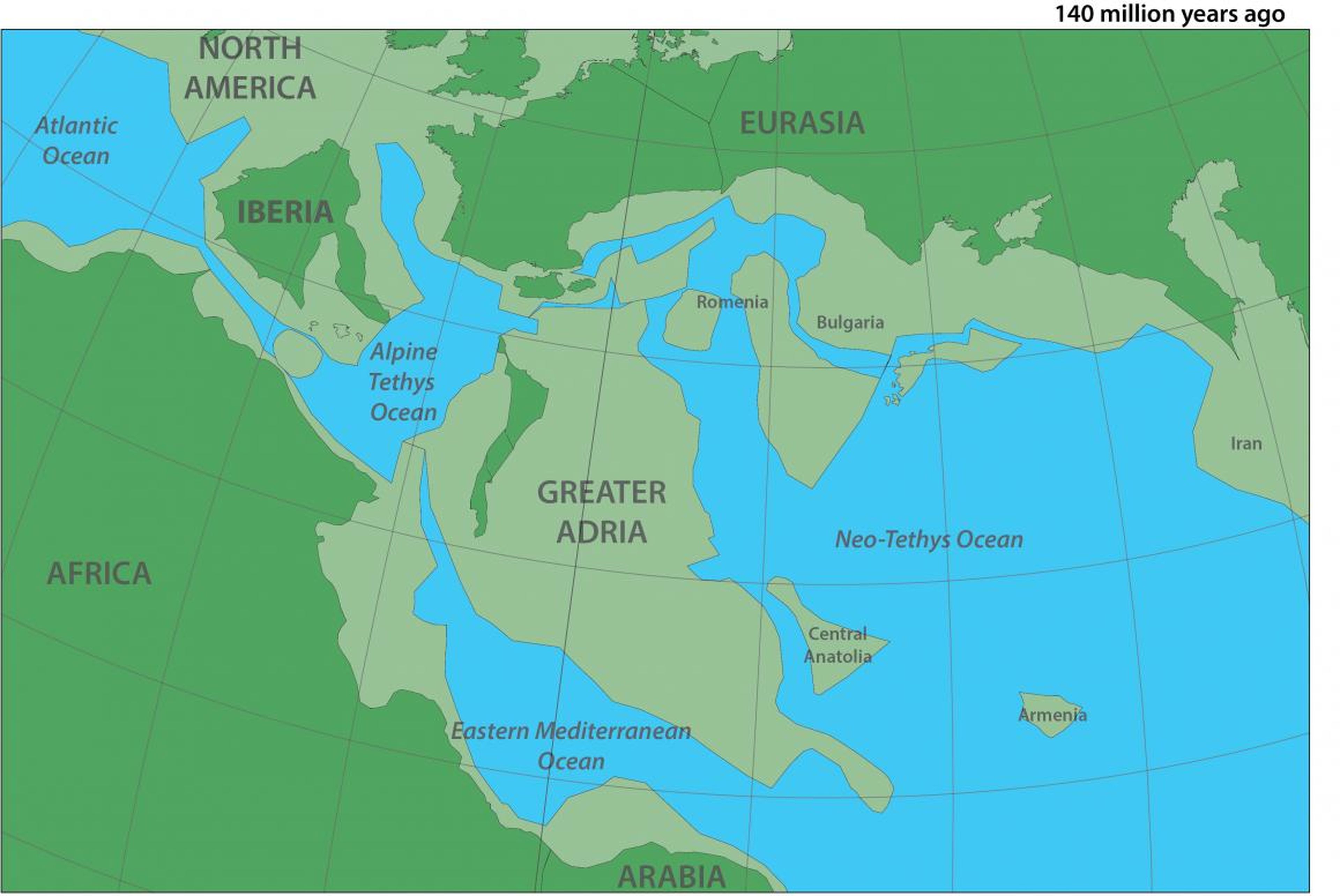 Un mapa de dónde estaba el continente del Gran Adria hace 140 millones de años.