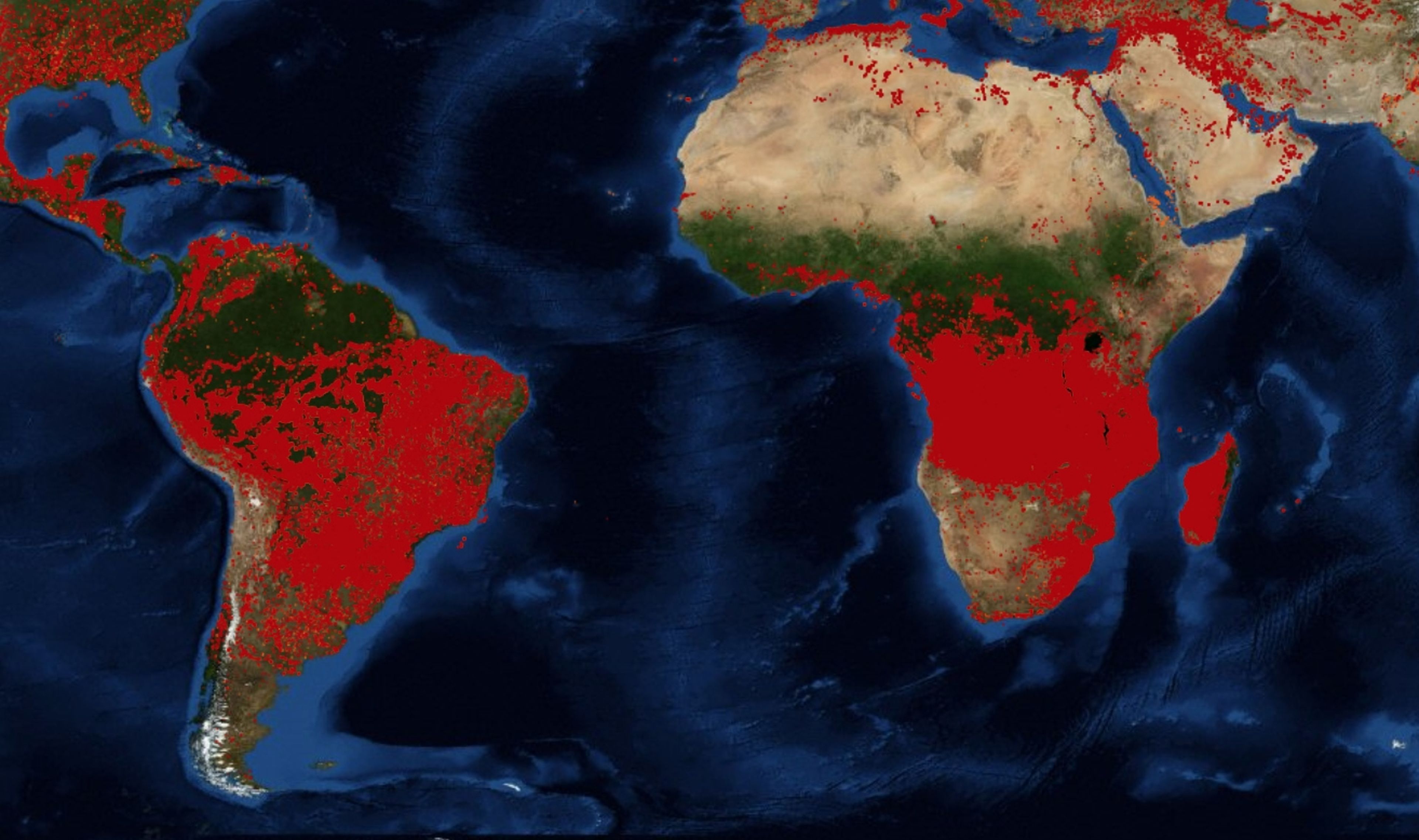 Incendios activos en el mundo según datos del satélite MODIS de la NASA