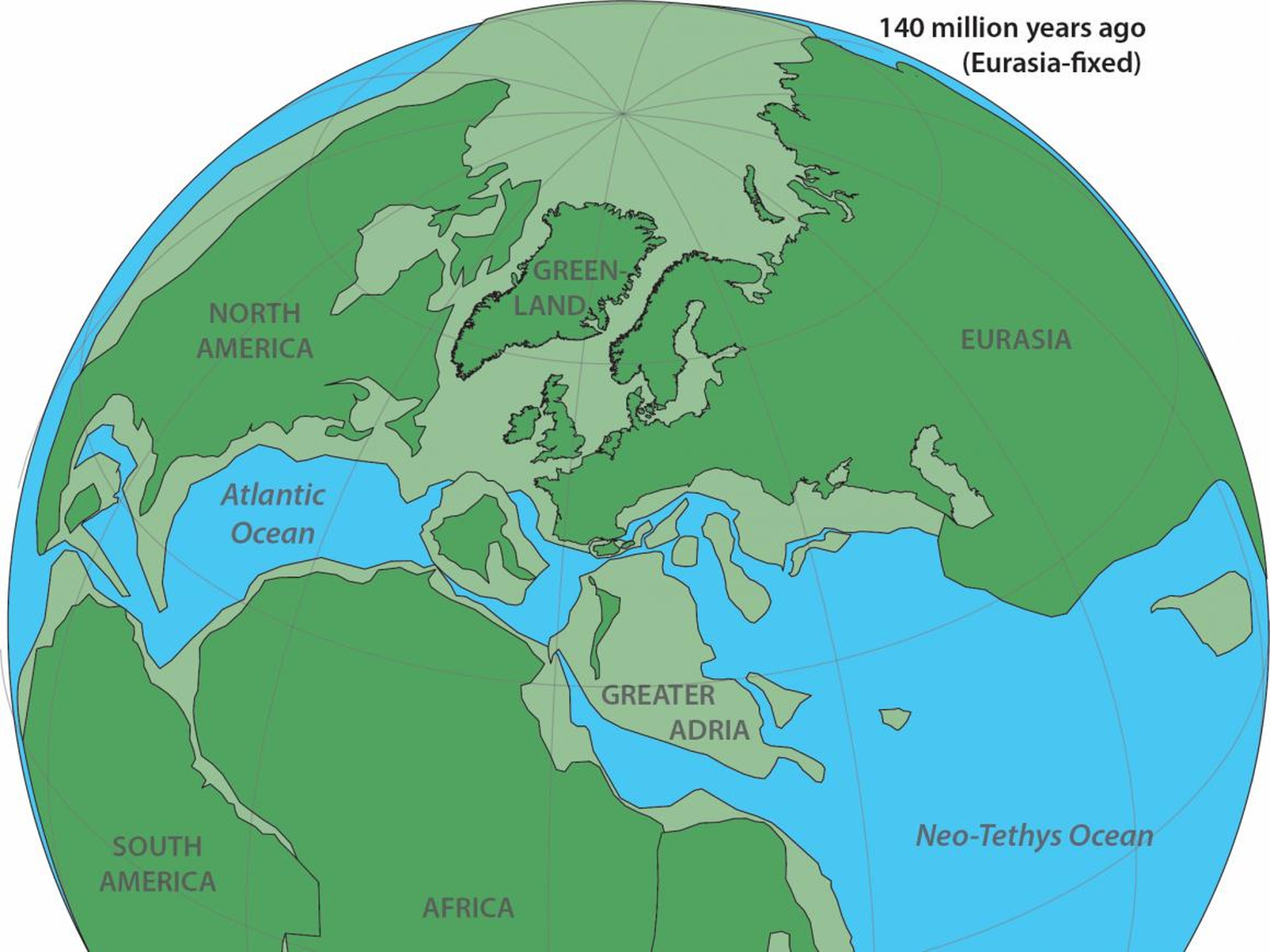 Reconstrucción del aspecto de la Tierra hace 140 millones de años.