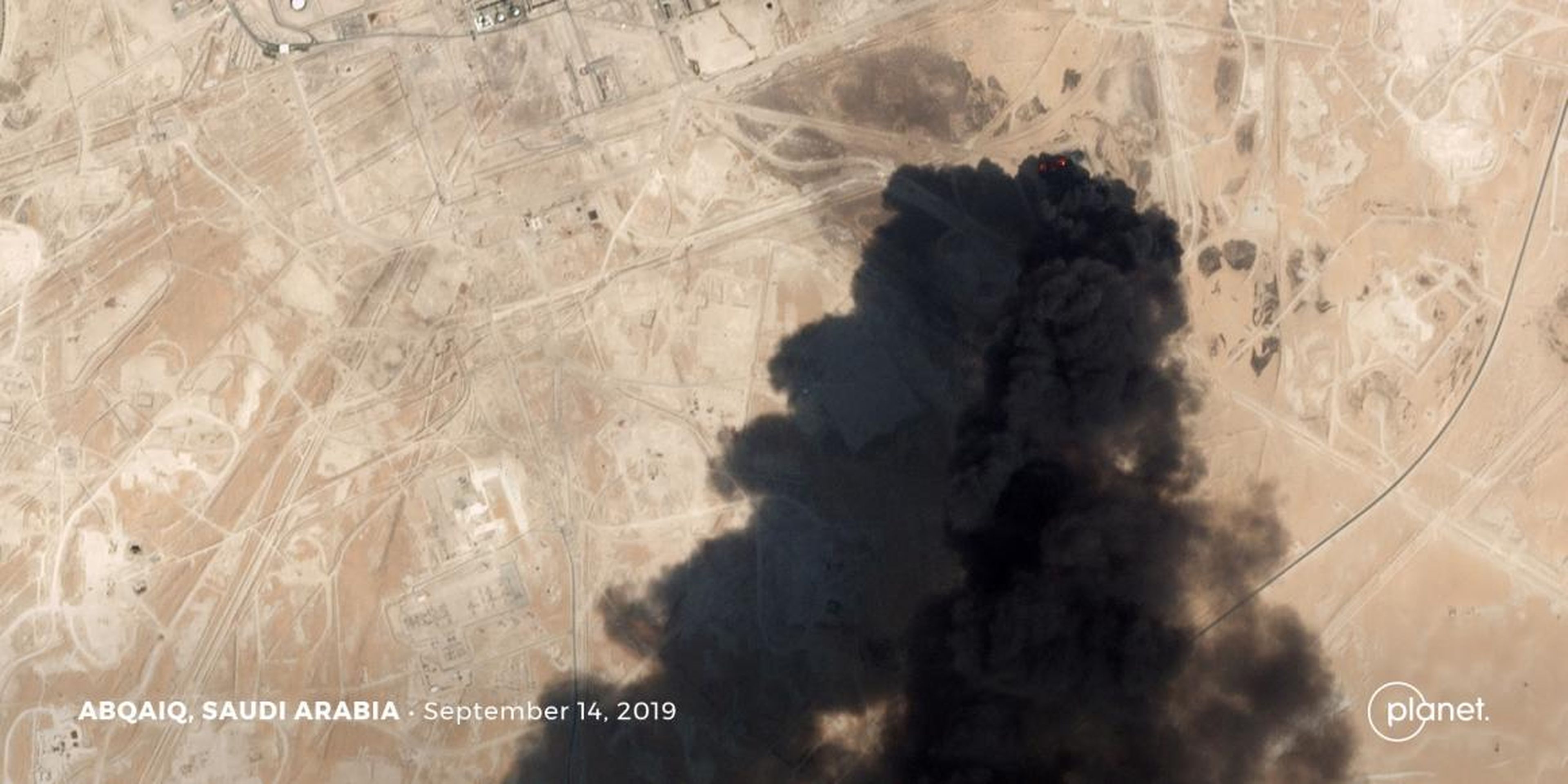 A satellite image showing thick black smoke rising from Saudi Aramco's Abqaiq oil processing facility in Buqyaq on Saturday.