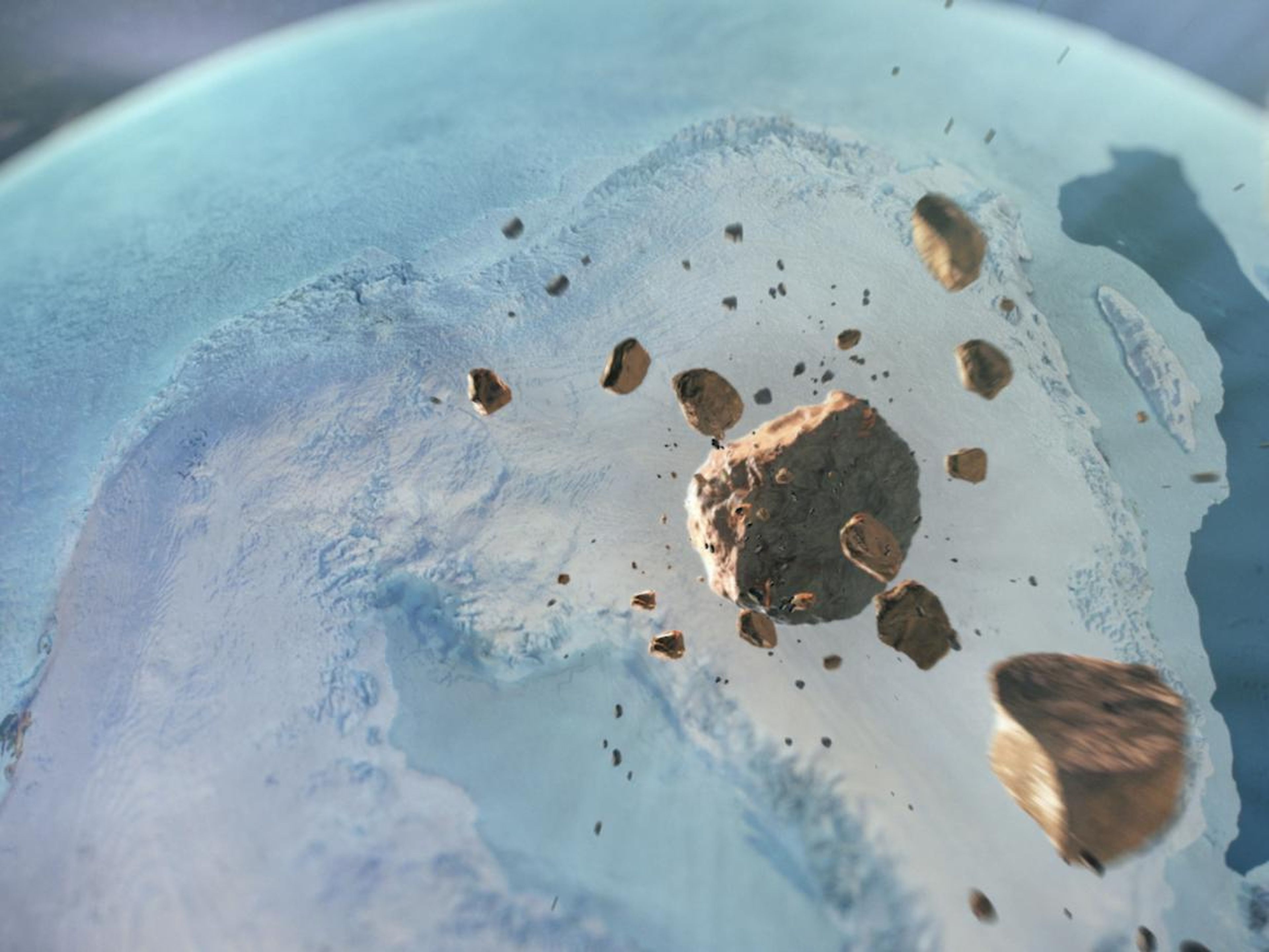 An illustration of asteroids careening toward northern Greenland.