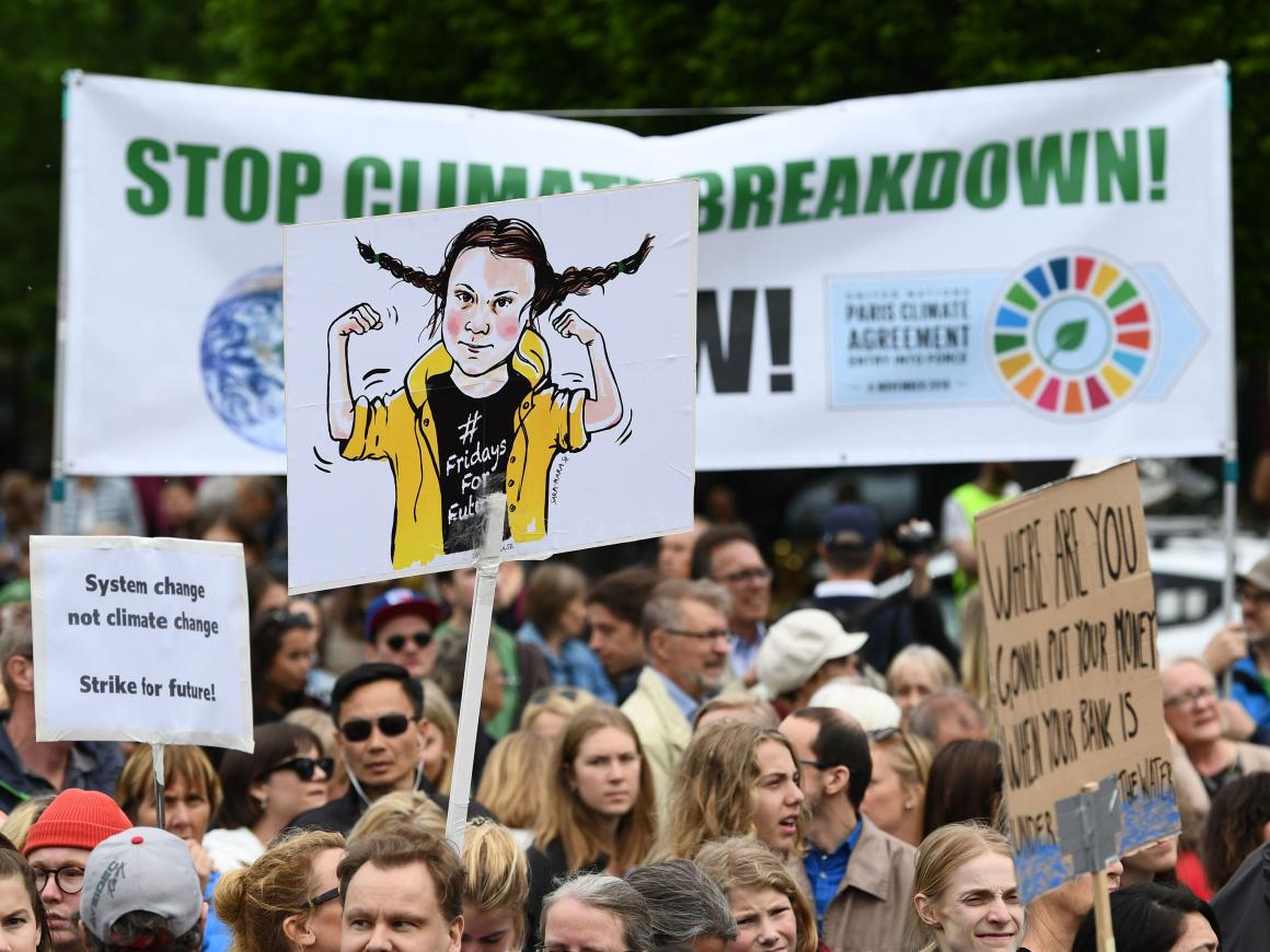 Protesters gather in Stockholm, Sweden, for the "Global Strike For Future" demonstration on May 24, 2019.