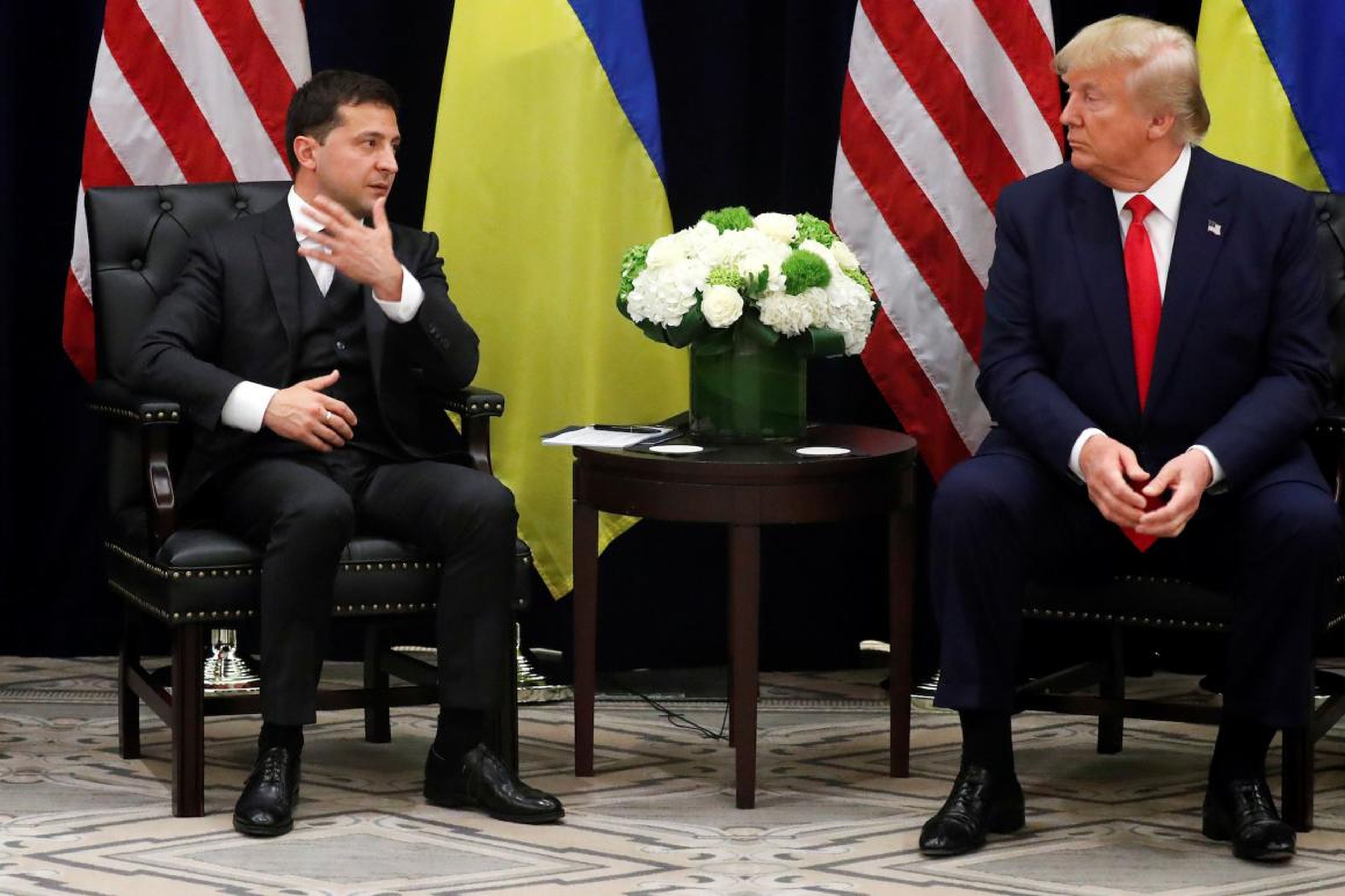 Ukraine's President Volodymyr Zelensky meets US President Donald Trump at the United Nations General Assembly in New York City on September 25, 2019.