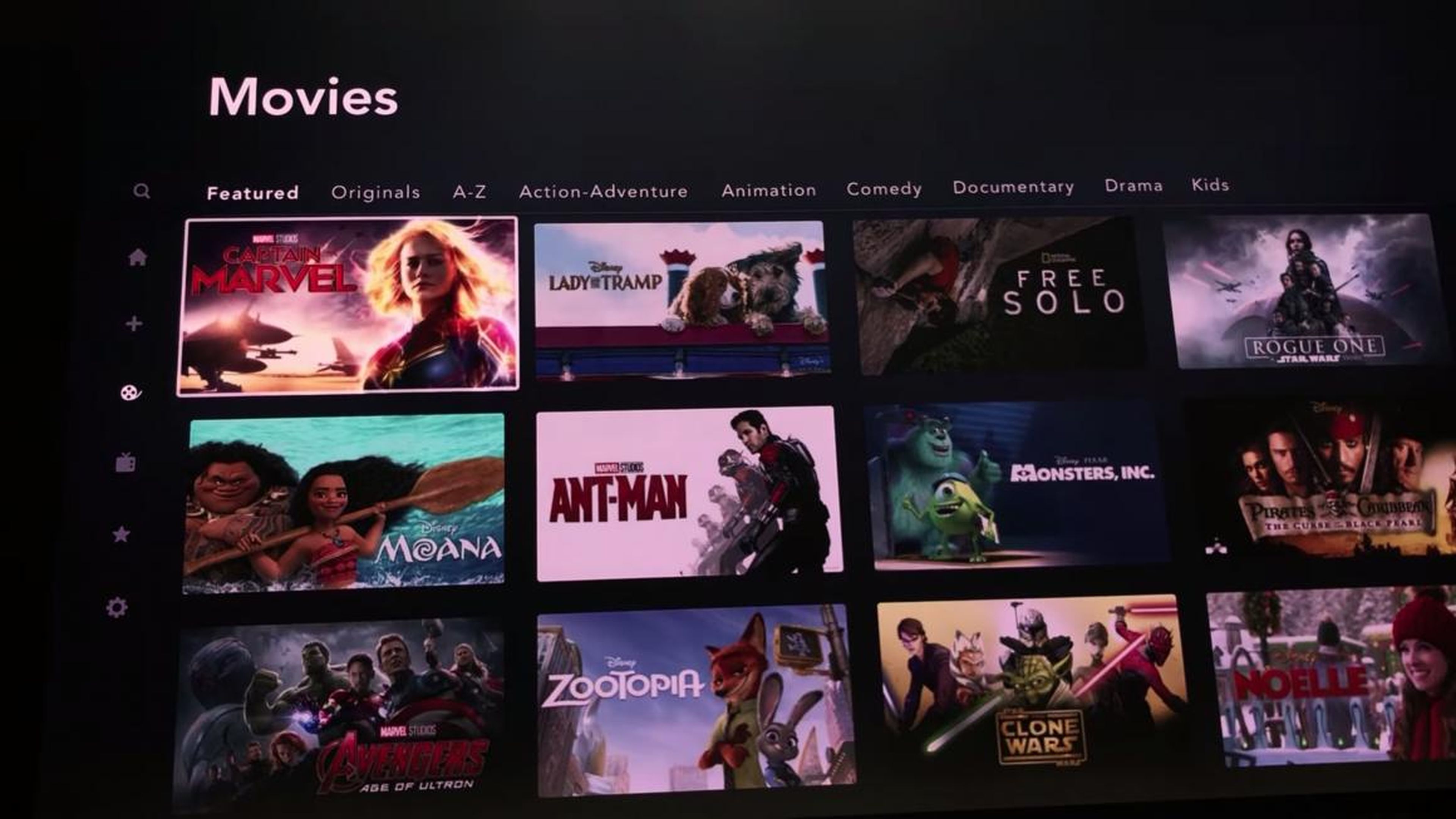 When you visit the Movies tab, you can filter by originals, alphabetical order, or genre. By default, Disney will show you featured films it wants you to see.