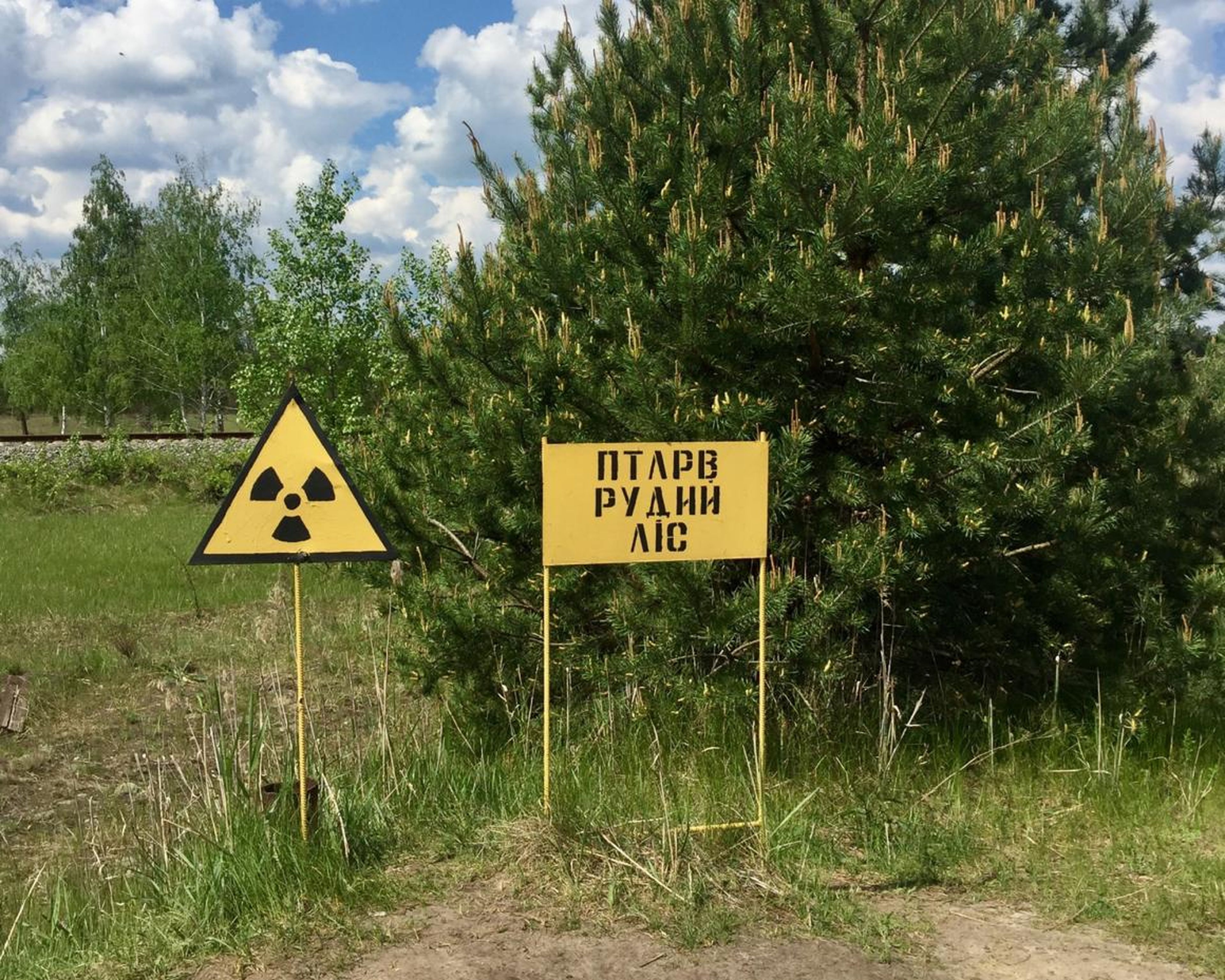 Un símbolo de advertencia de radiación en la zona de exclusión.