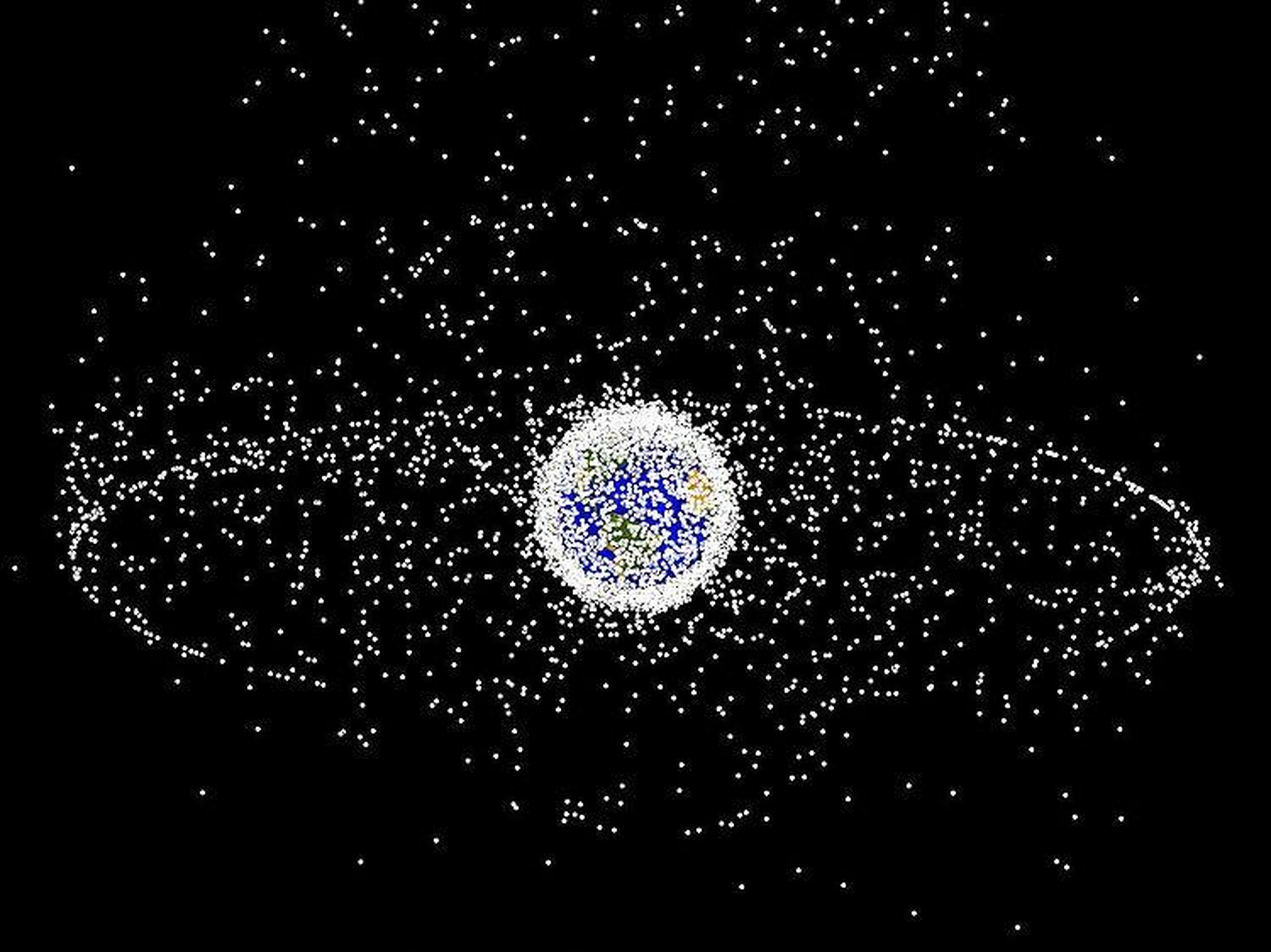Un gráfico de escombros rastreados en la órbita de la Tierra. Aproximadamente el 95% de estos objetos no son funcionales.