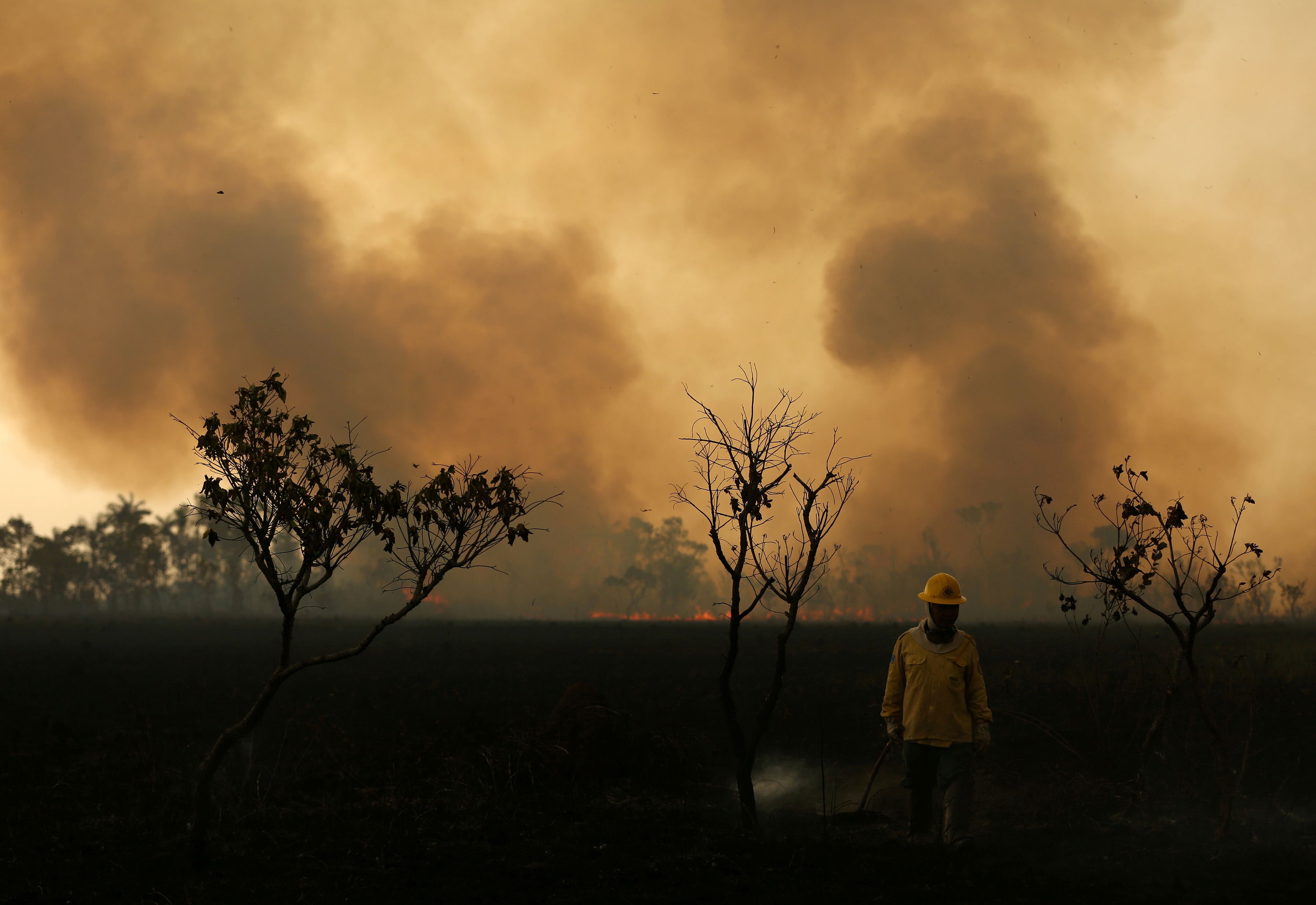 Bomberos tratando de controlar los incendios en el Amazonas
