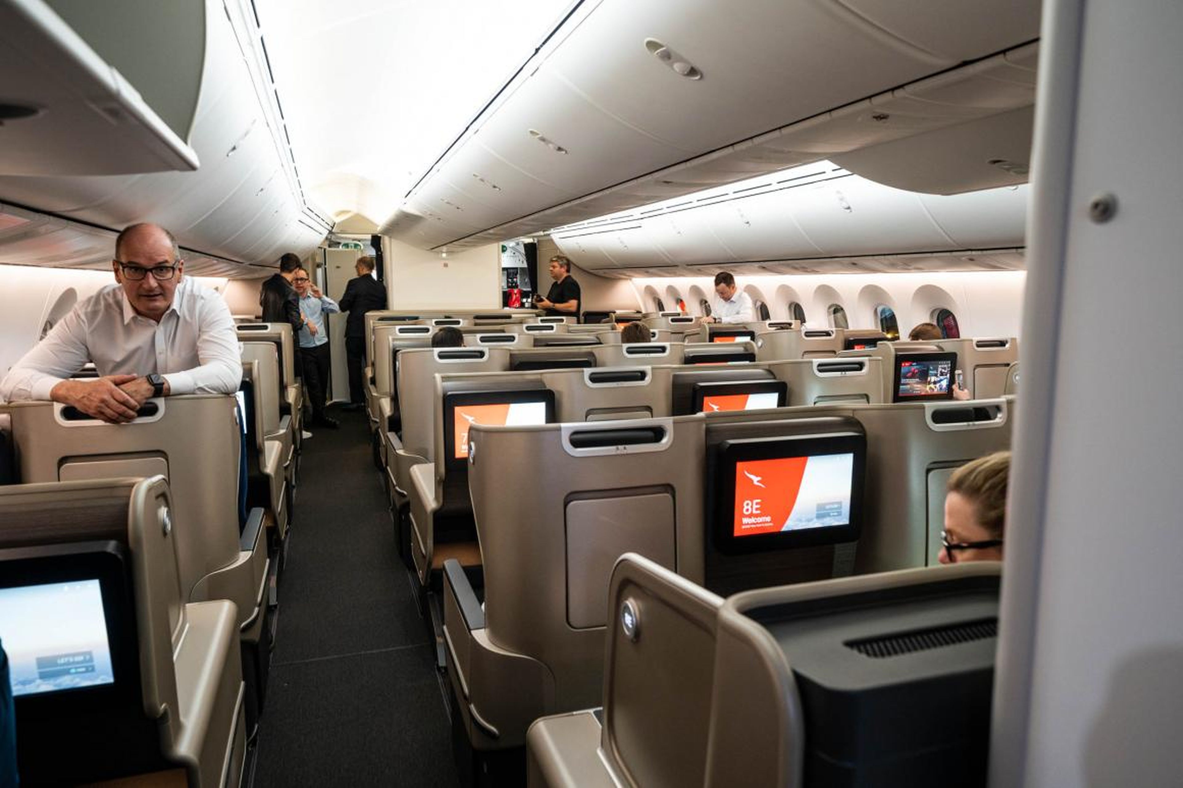 The business-class cabin on Qantas' 787-9s is split into two sections: a larger cabin to the left of the boarding door, and a smaller "mini cabin" with just three rows to the right. I was in the smaller cabin.
