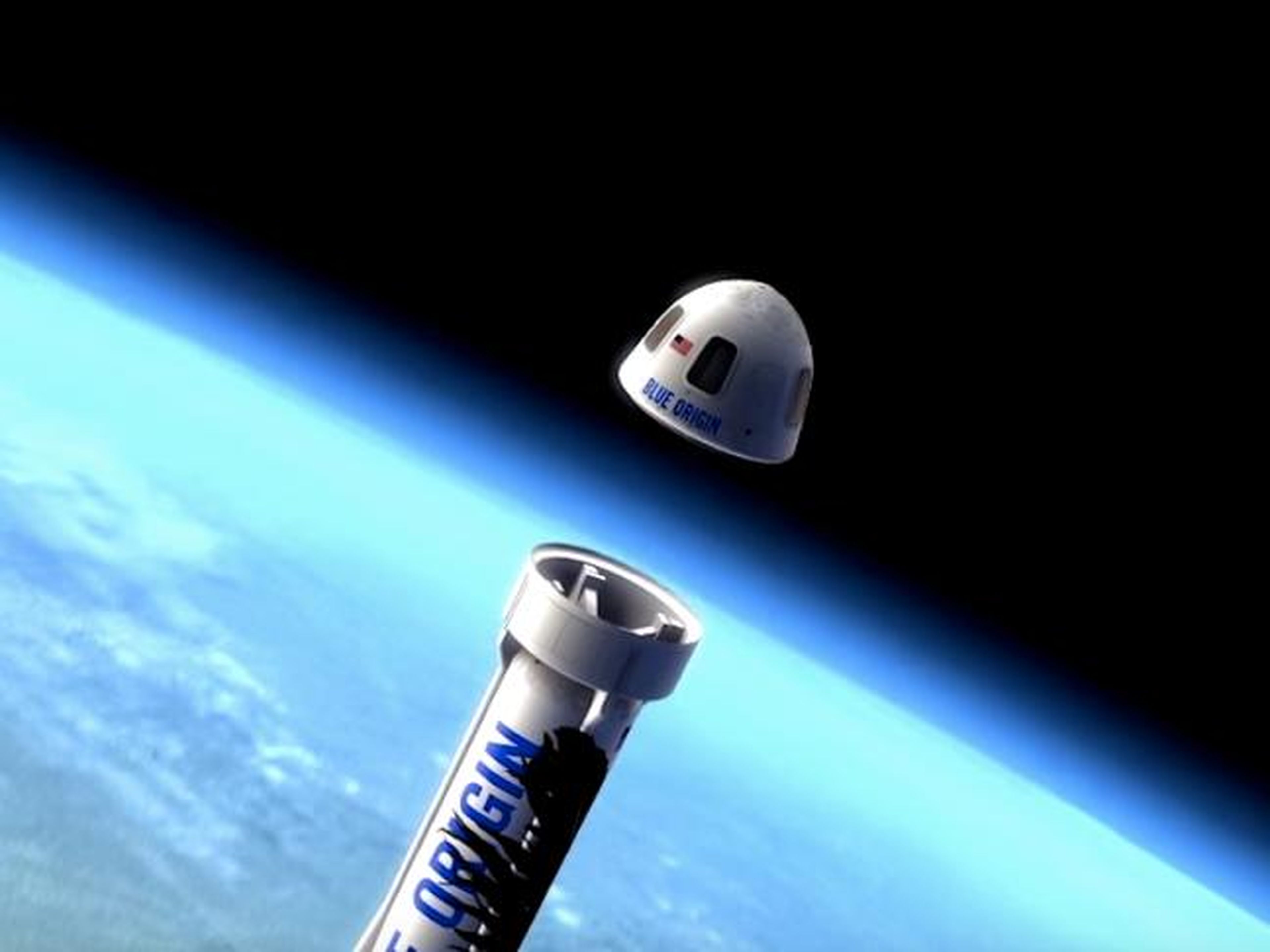 Una ilustración de la nueva cápsula Shepard de Blur Origin que se desprende del cohete.