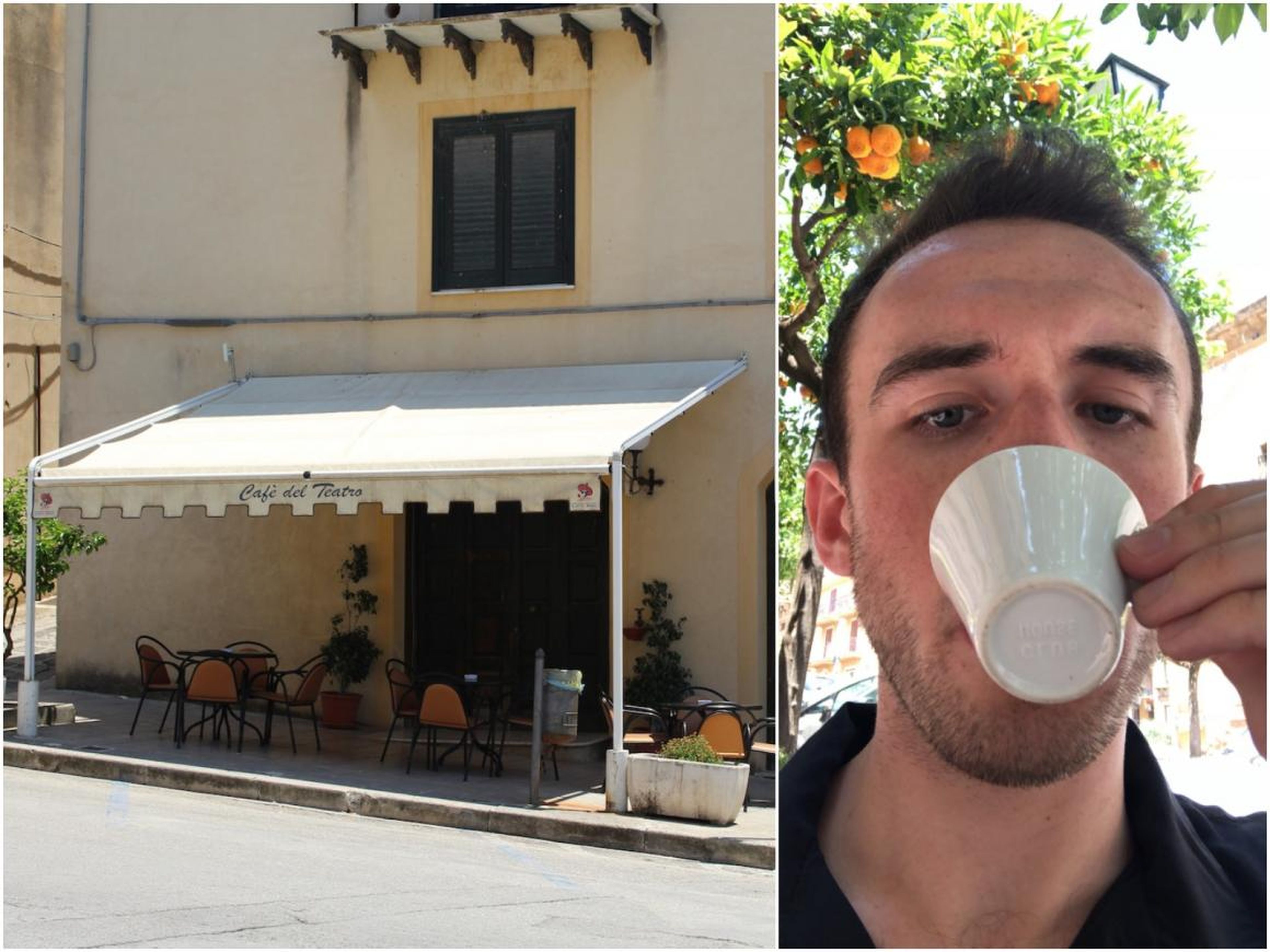 Un café cerrado en Sambuca, Sicilia, Italia, y el autor.