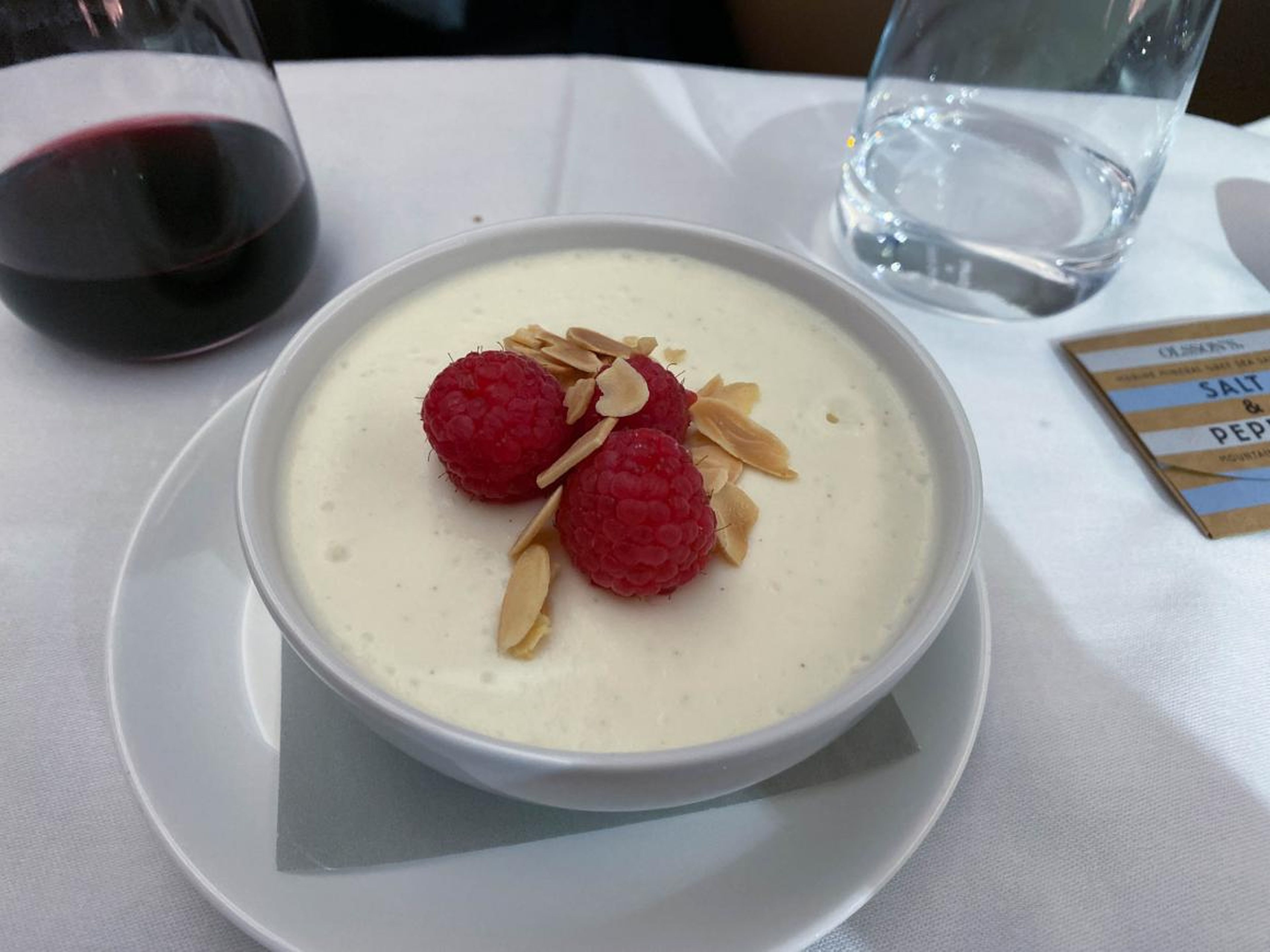 But the dessert, panna cotta trifle with raspberries and toasted almonds, was the star. I devoured it.