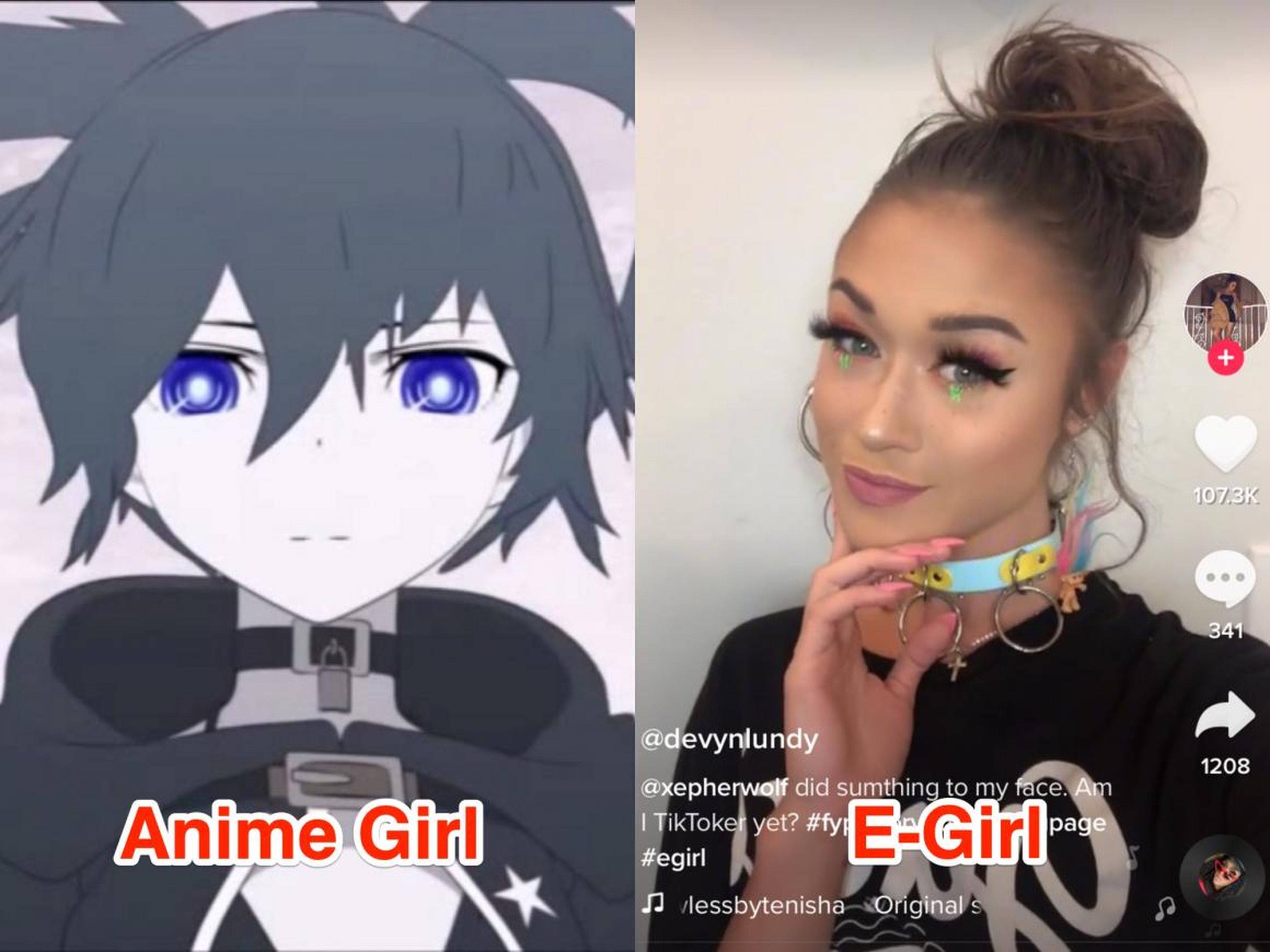 The e-girl aesthetic draws from characteristics of anime, where female characters are often skimpily dressed and fetishized as innocent, helpless victims. One TikToker referred to this as the "I'm Baby" quality in a story for Vox.
