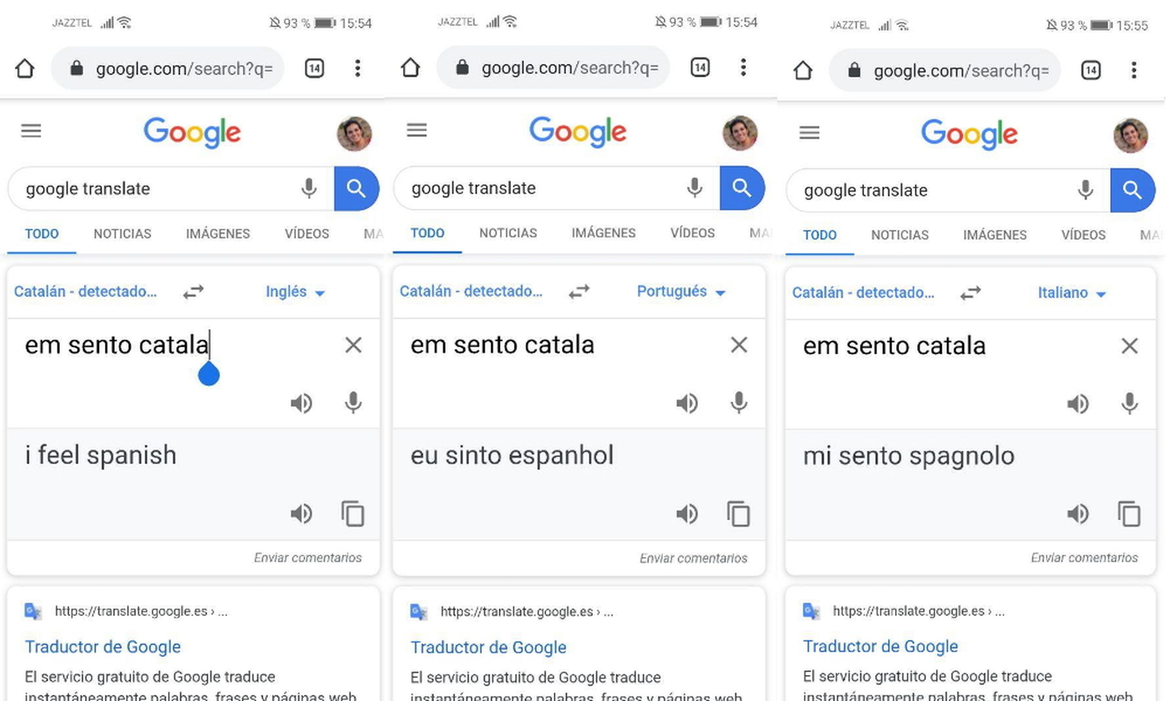 Google Translate traduce em sento català por me siento español