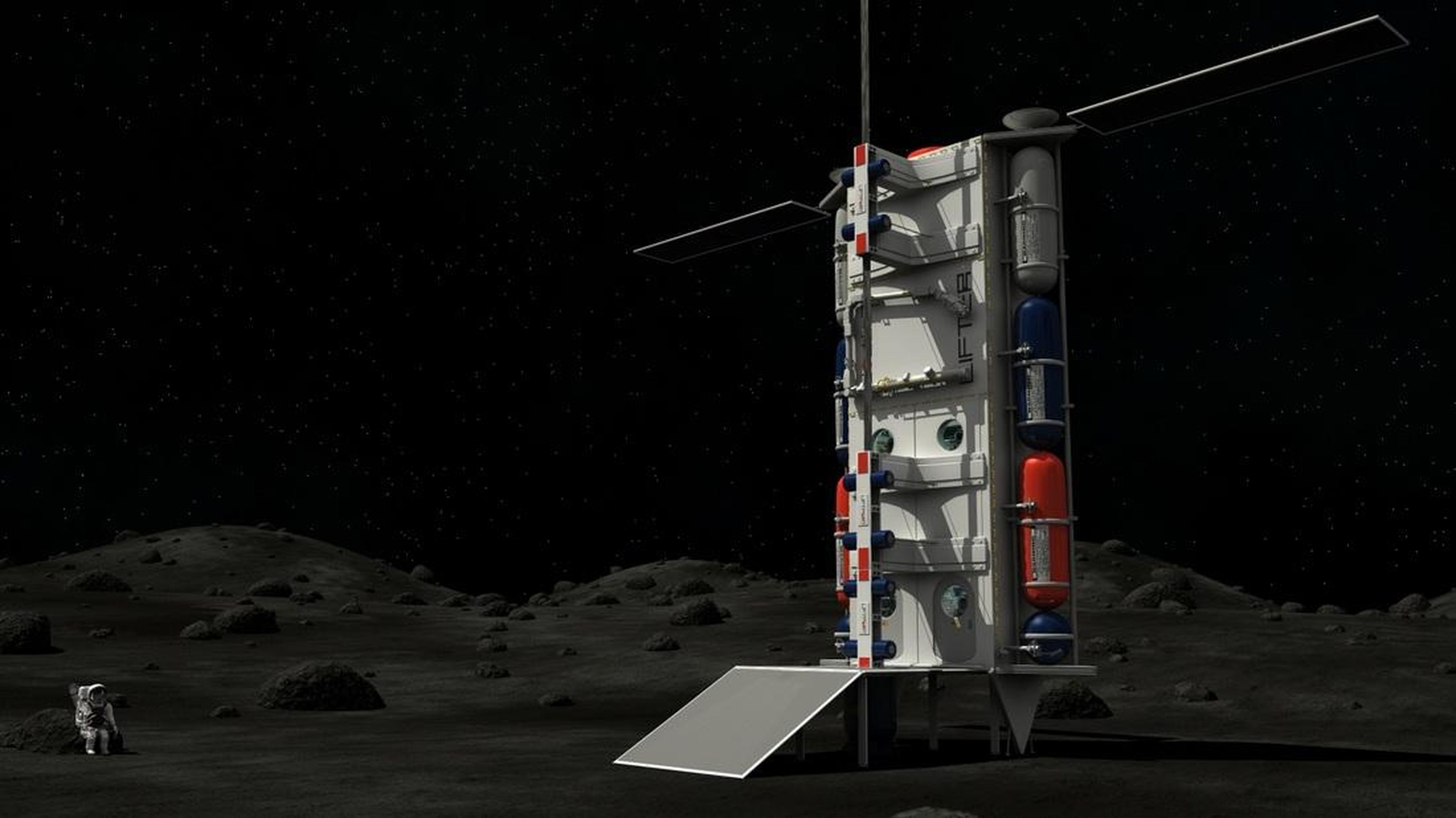 La representación de un artista de un ascensor espacial sobre la superficie lunar.