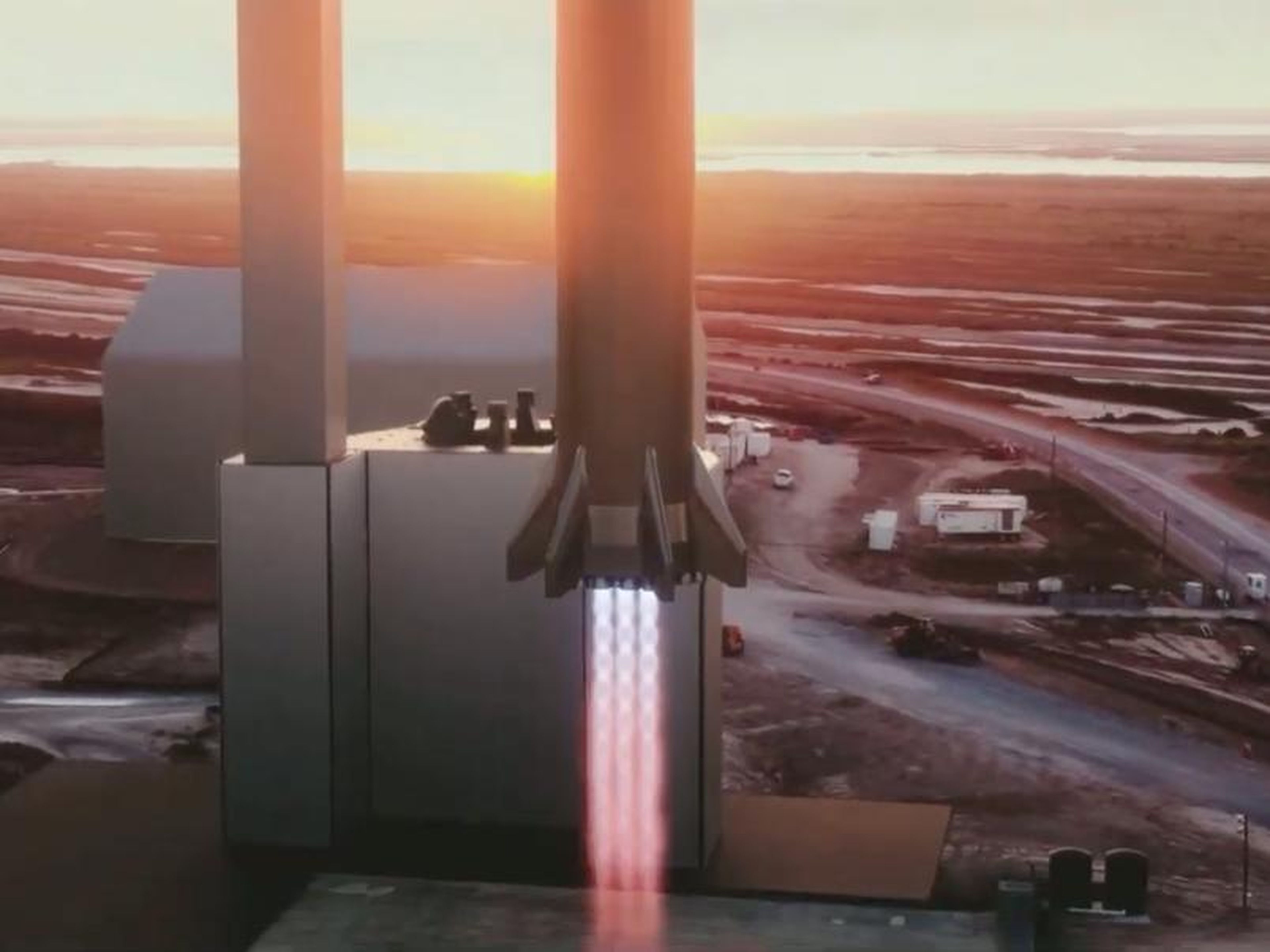 Una ilustración del planeado lanzamiento de un cohete superpesado de SpaceX en una plataforma en Boca Chica, Texas.