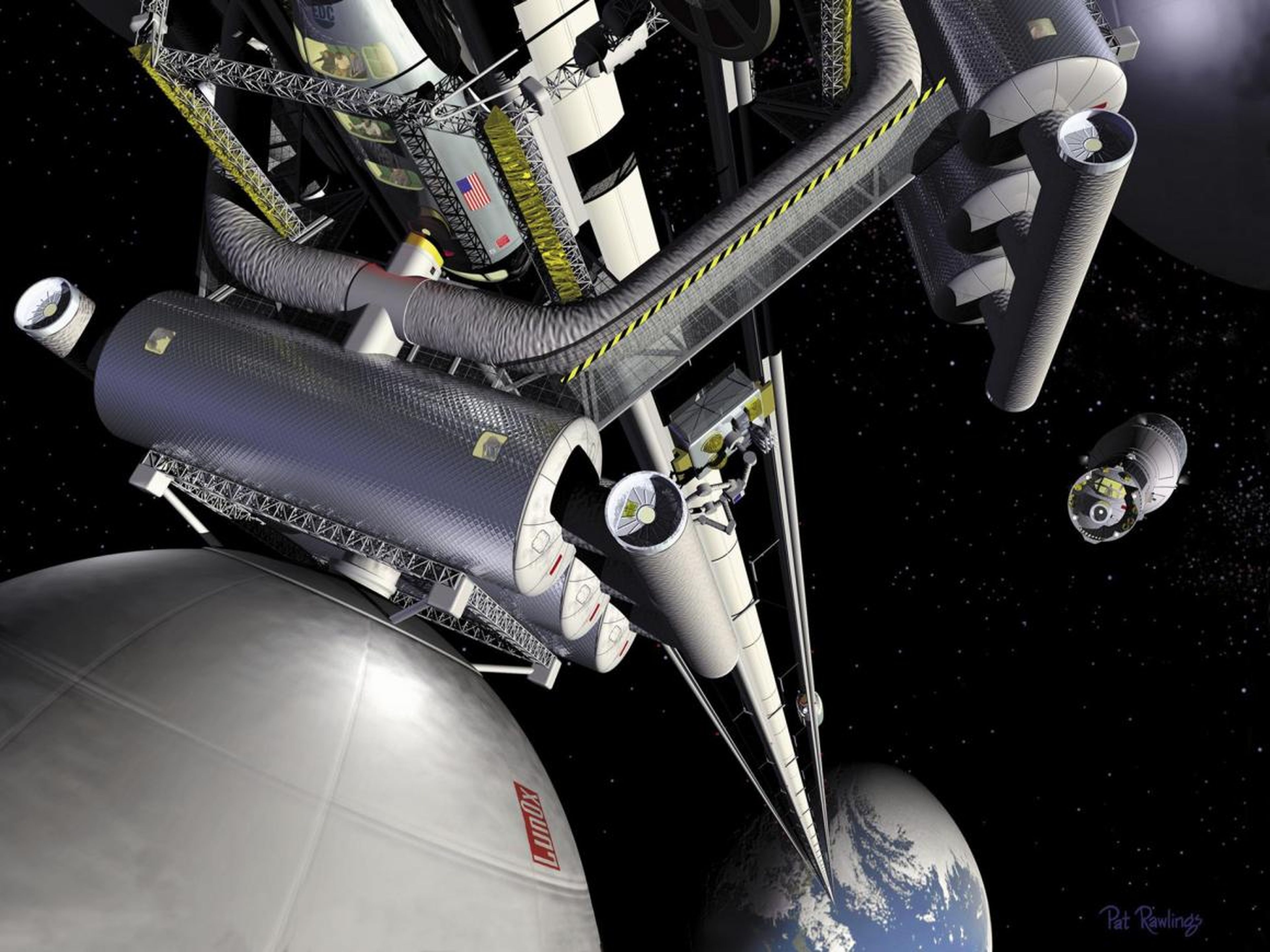 Esta ilustración del artista Pat Rawling muestra el concepto de un ascensor espacial visto desde la estación de trasbordo geoestacionaria mirando a lo largo del ascensor hacia la Tierra.