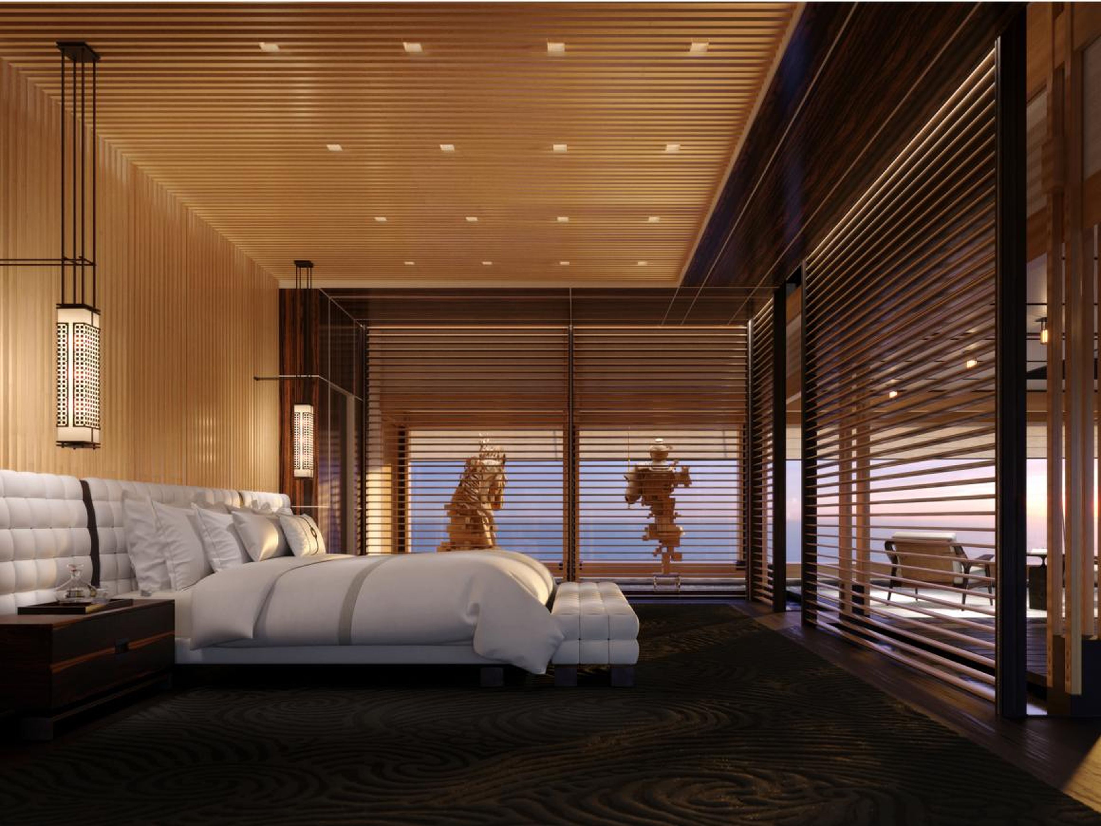 It would have a master pavilion, two VIP staterooms, and four regular staterooms. All rooms would feature floor-to-ceiling windows and have a minimalistic, Japanese-inspired style.