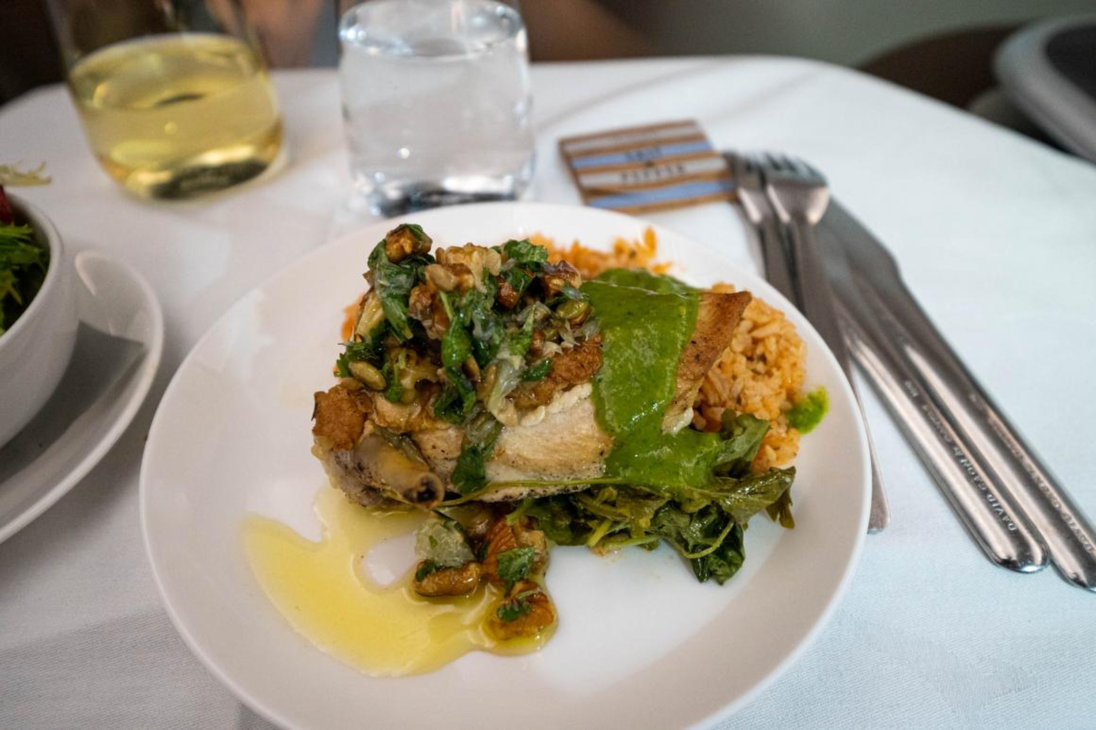 For the main course, I had the chicken breast with Spanish rice, kale, tomatillo sauce, and pepita salsa. This was genuinely phenomenal. I was blown away by how tasty it was.