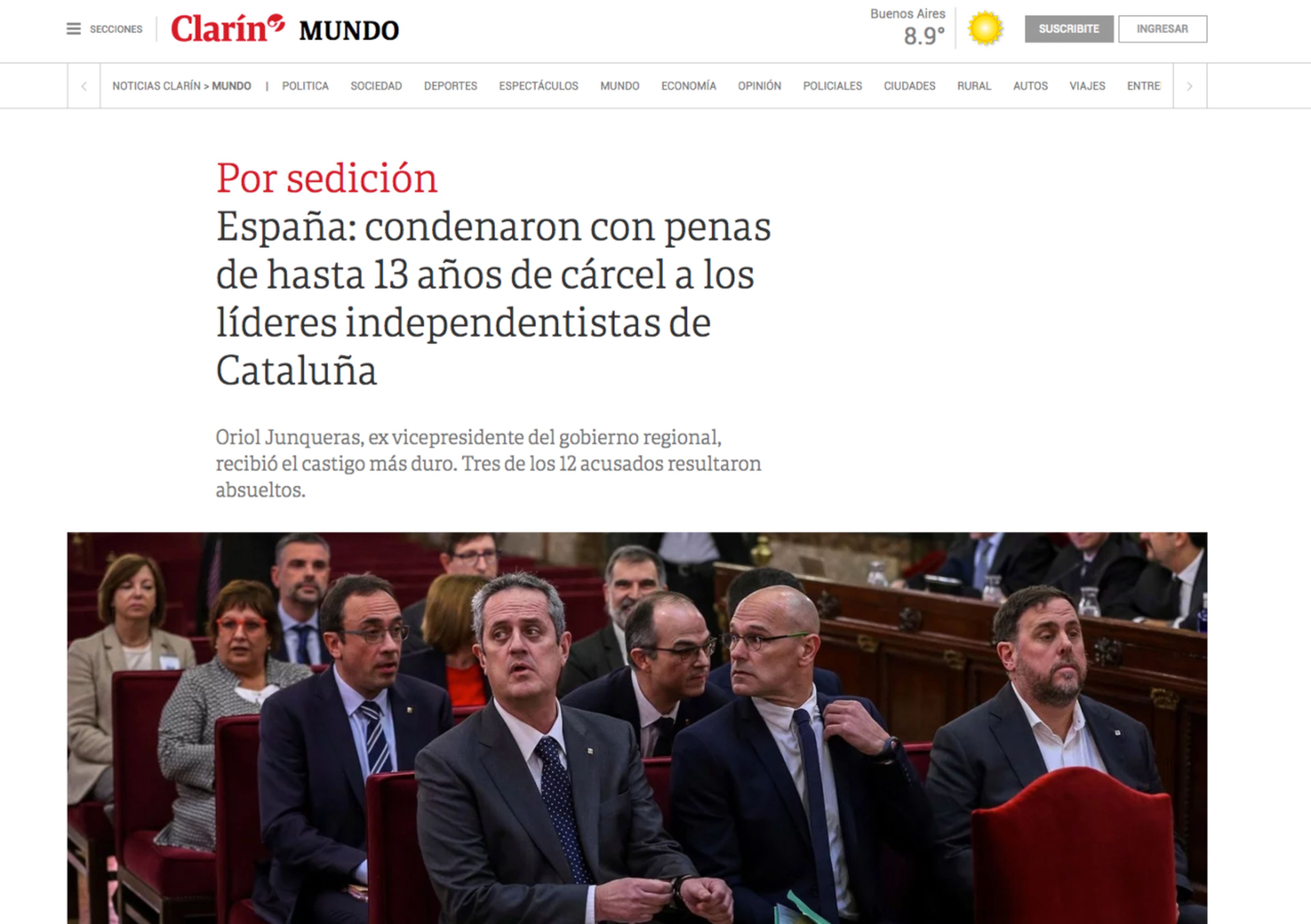 Noticia de Clarín sobre la sentencia del procés