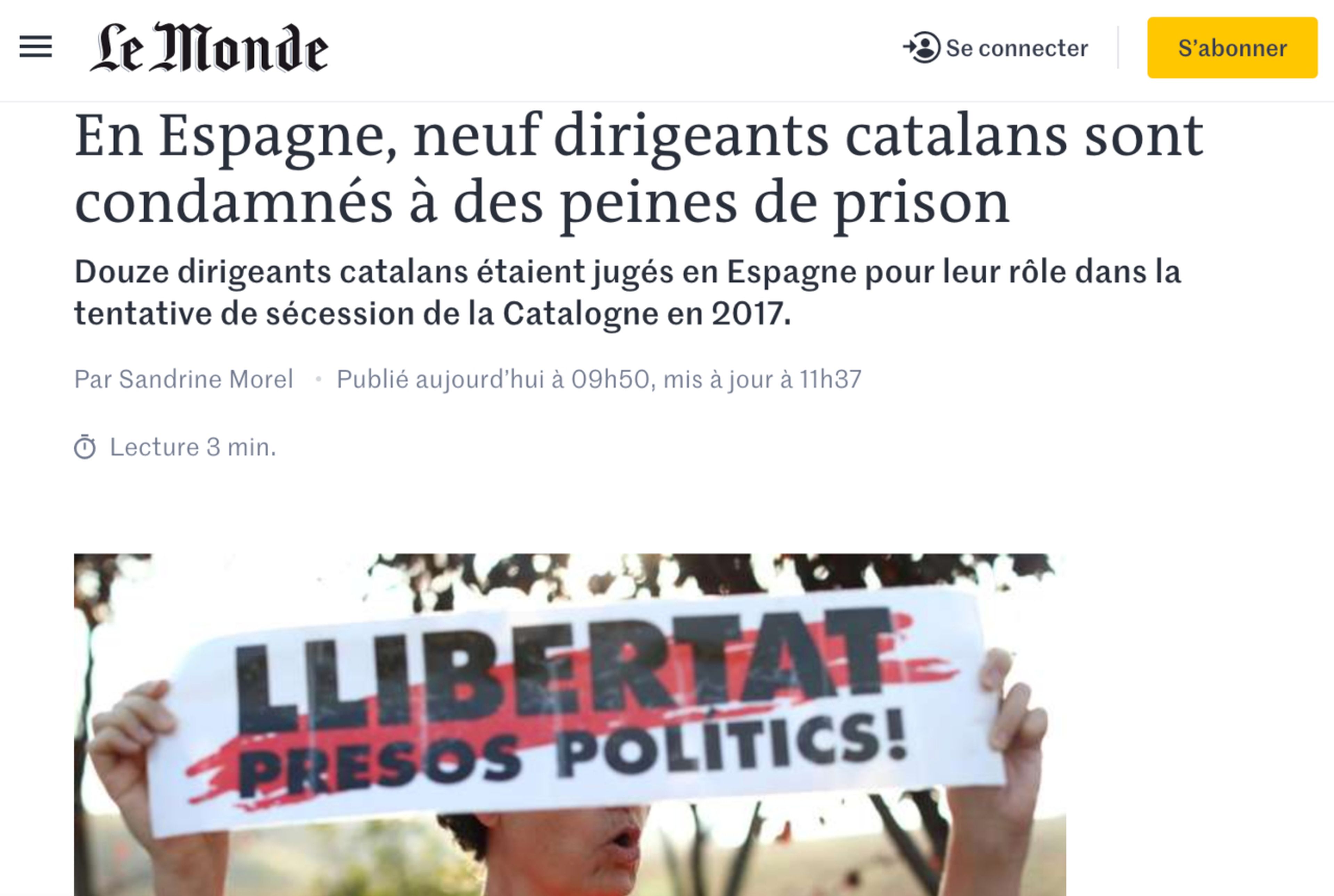 Noticia de Le Monde sobre la sentencia del procés