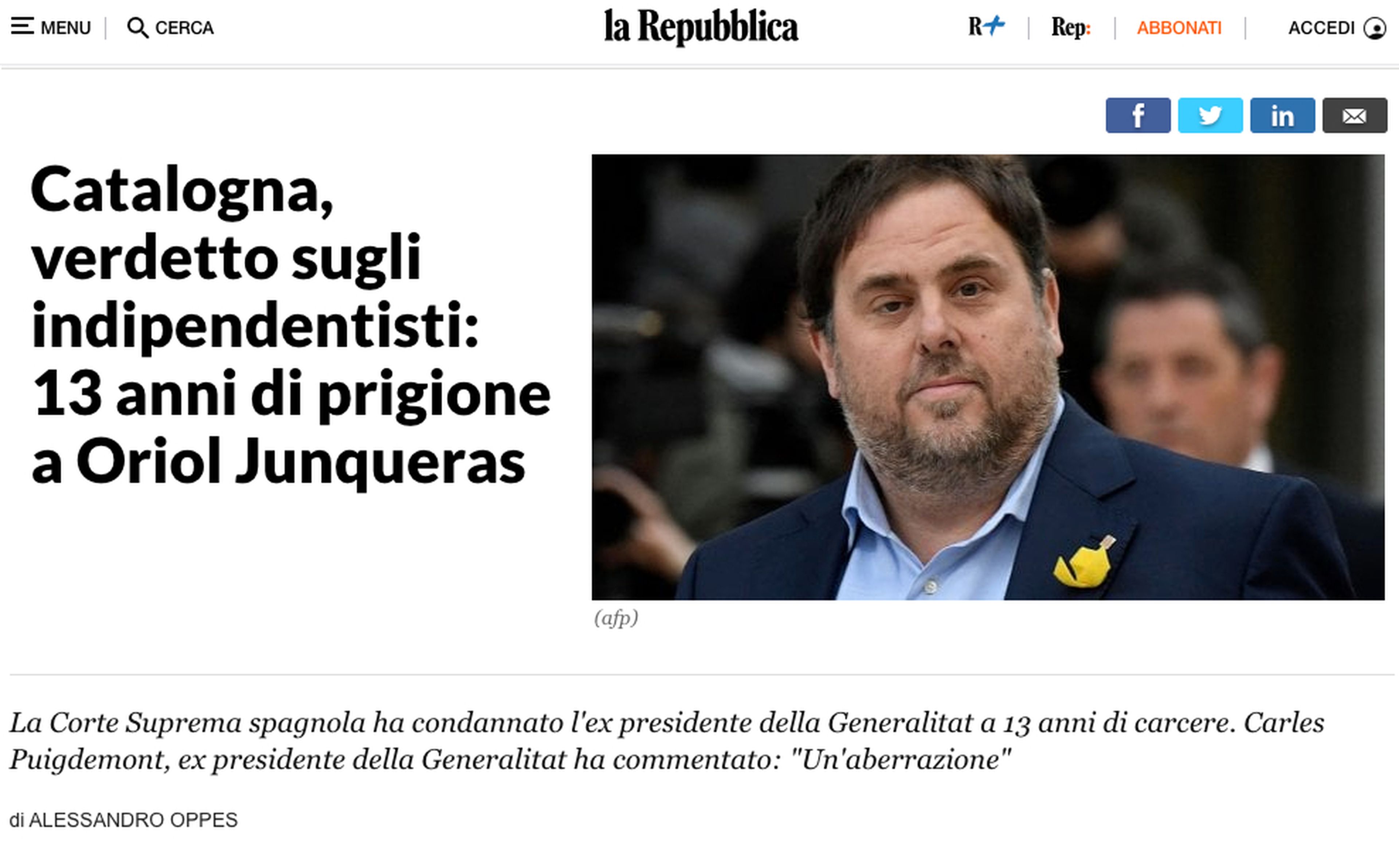 Noticia de La Repubblica sobre la sentencia del procés