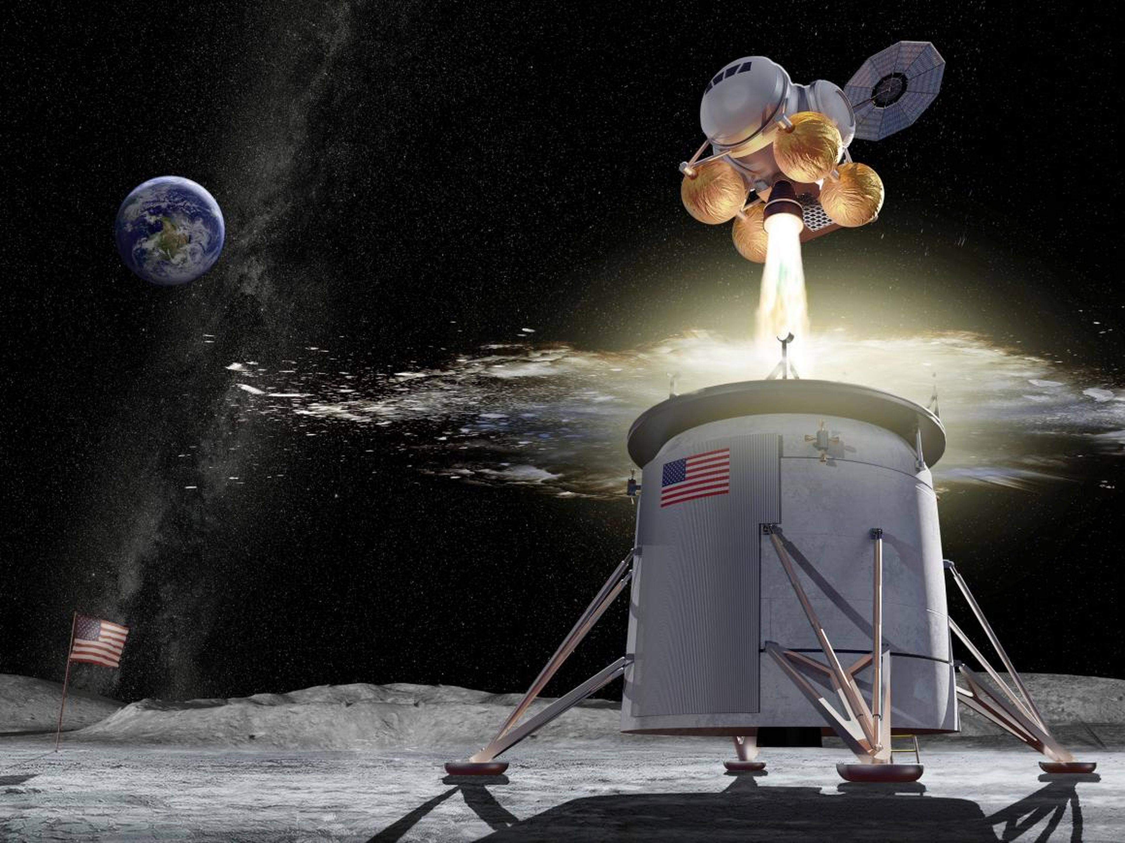Una representación de la NASA de un diseño propuesto para un vehículo que aterriza en la Luna con el programa Artemis — el vehículo de ascenso se muestra separado del de descenso.