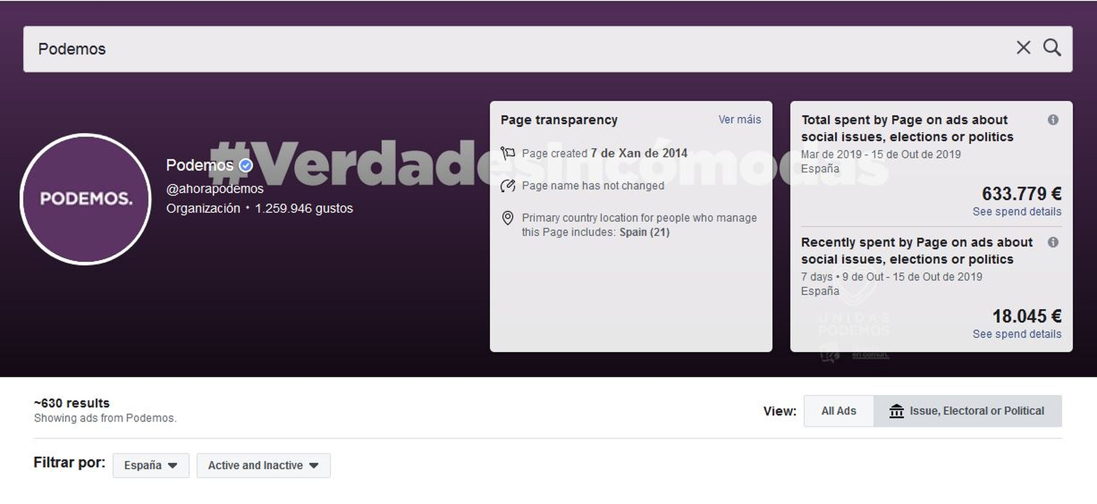 Página de entrada de Podemos en la biblioteca de Facebook