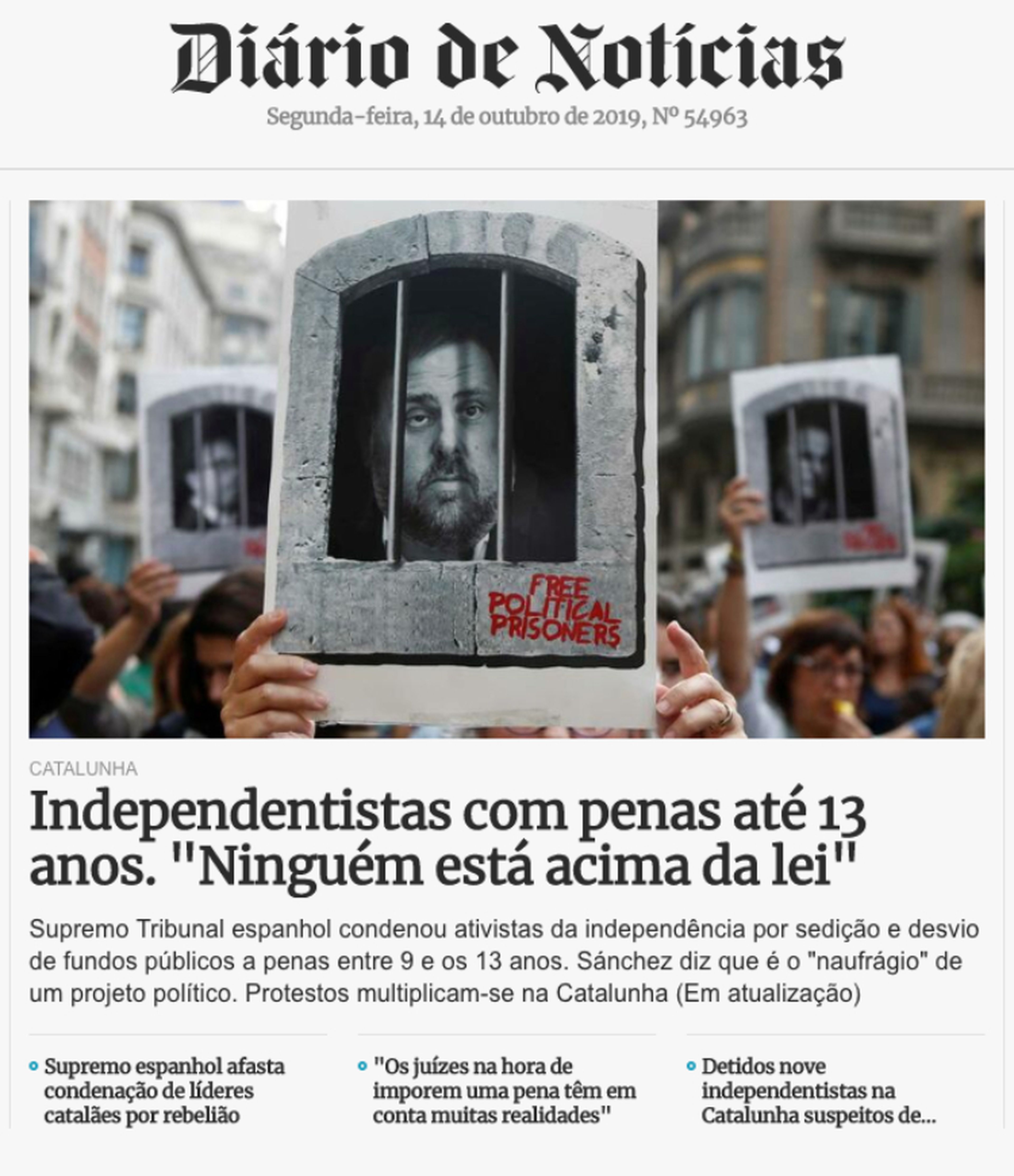 Portada online de Diário De Notícias con la noticia de la sentencia del procés