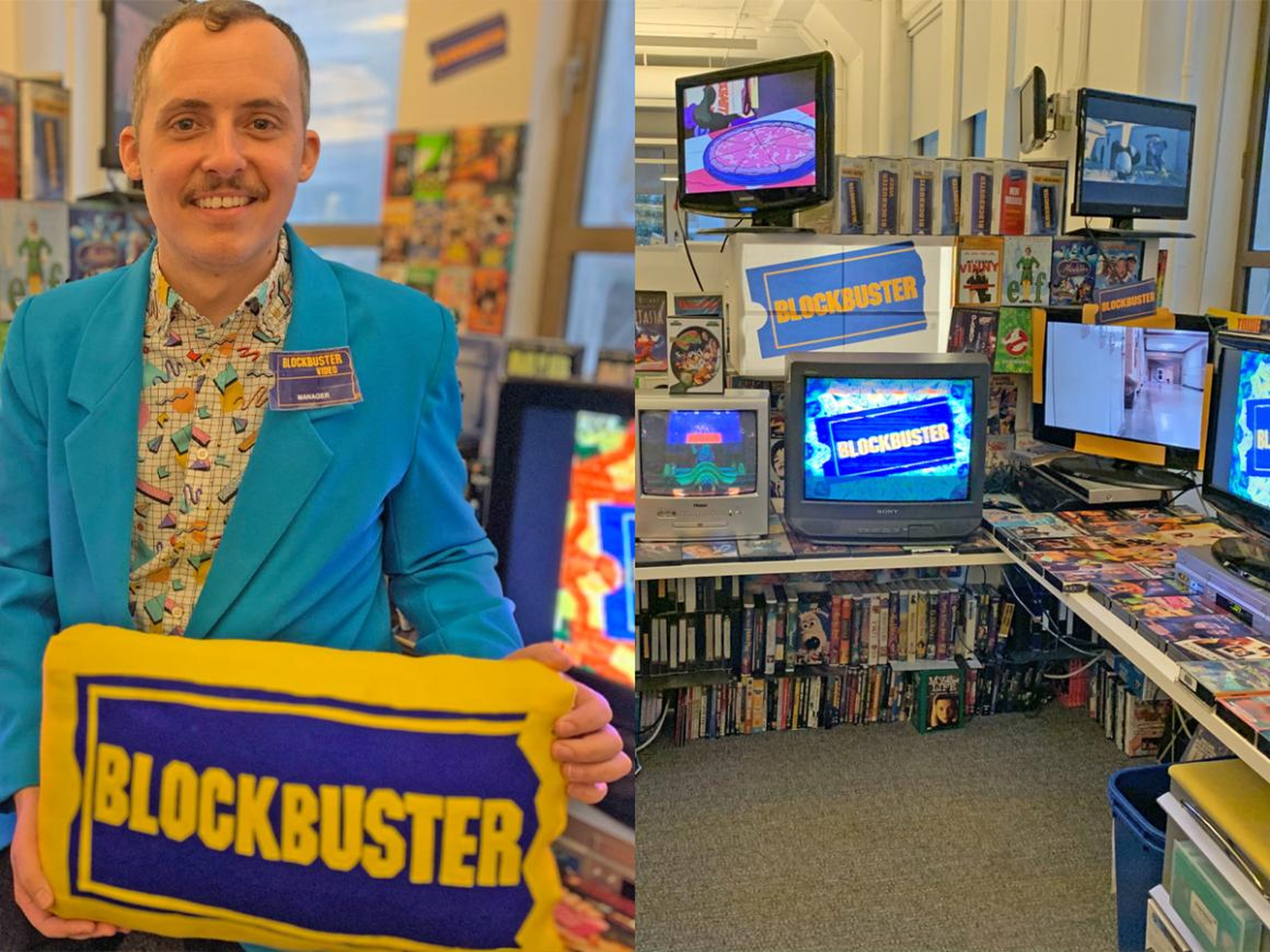 Cory Bruce y las cintas VHS de la réplica del Blockbuster.
