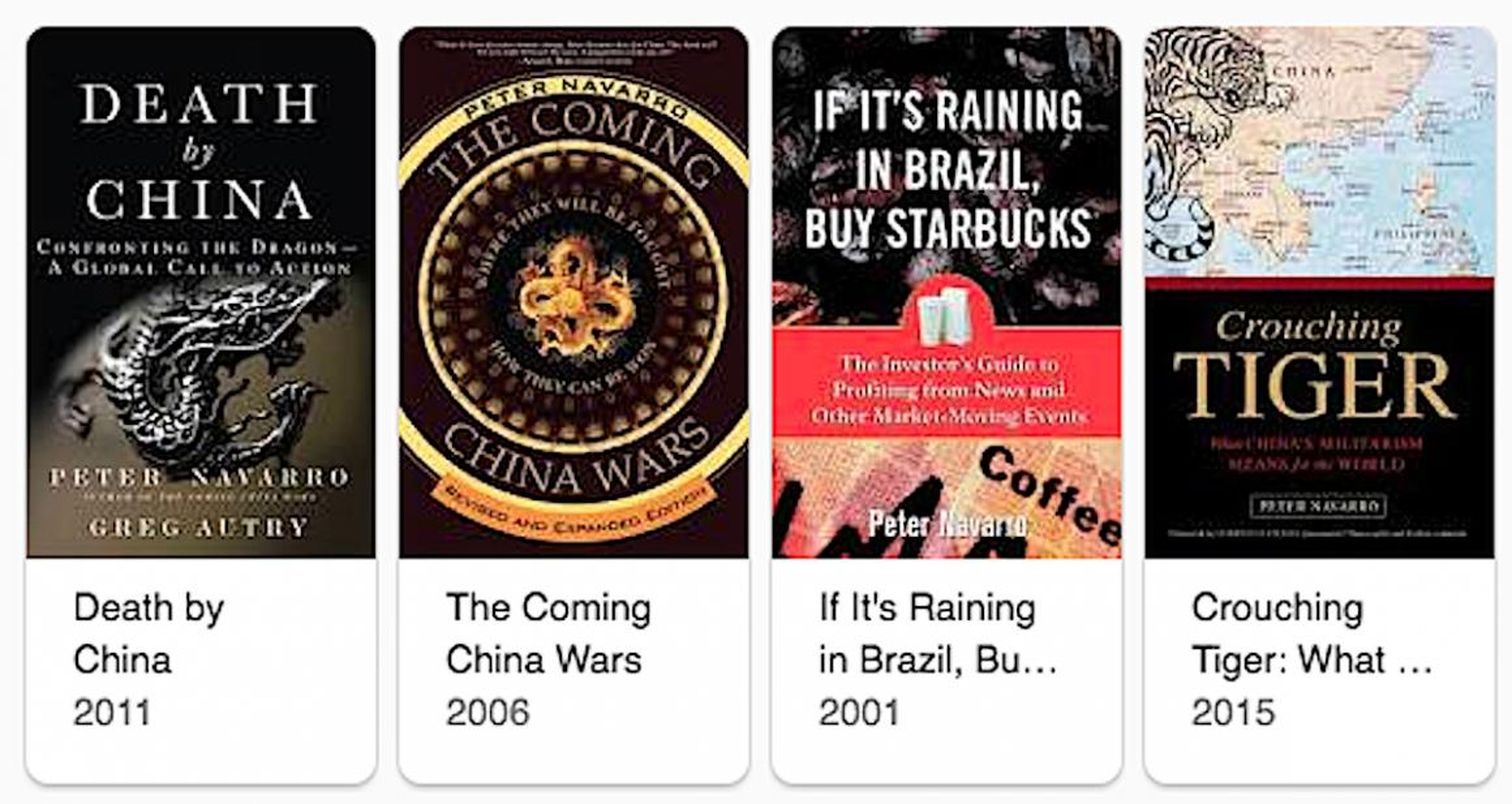 A selection of White House trade adviser Peter Navarro's books on economics. References to "Ron Vara" have been found in "Death by China" and "If it's Raining in Brazil, Buy Starbucks."